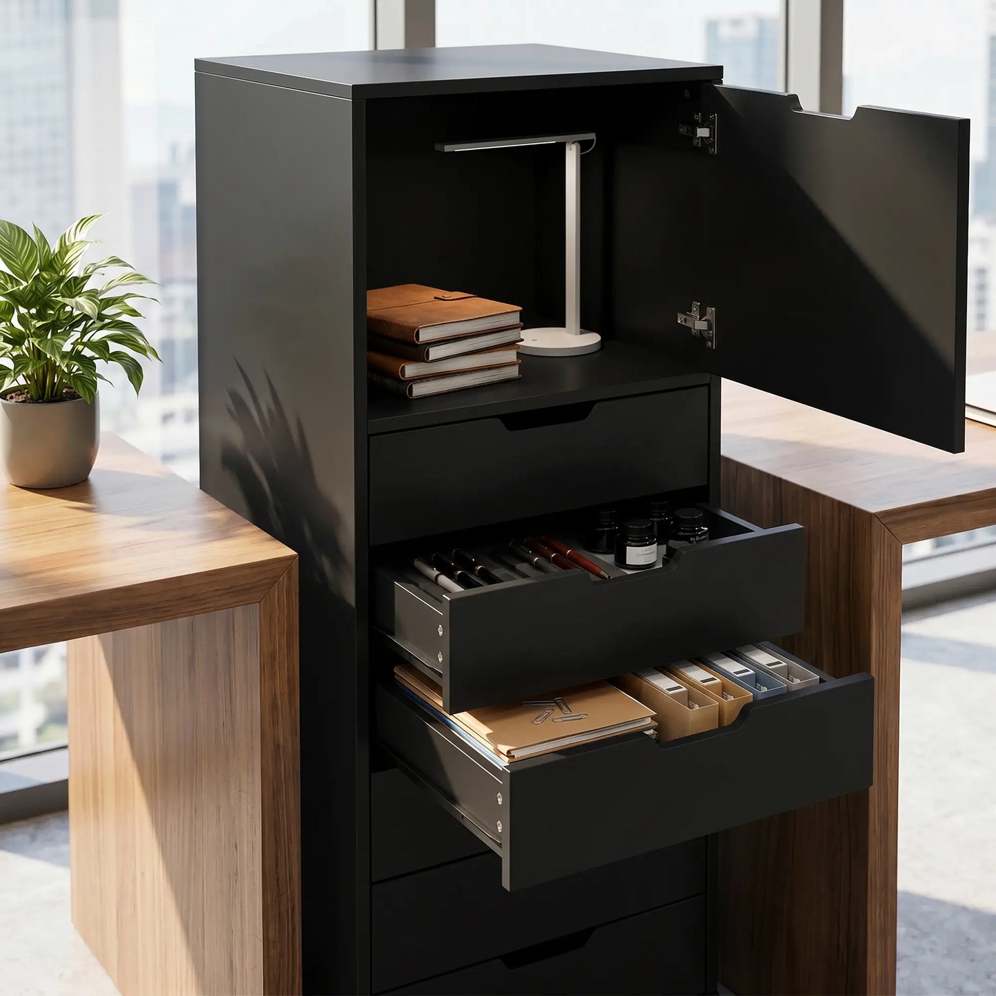 Mobile File Cabinet With 5 Drawers, Black, Black
