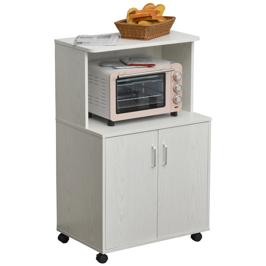 Microwave Cart on Wheels, 2-Door Cabinet, White Oak, White Kitchen Pantry Cabinets White Oak at Gallery Canada