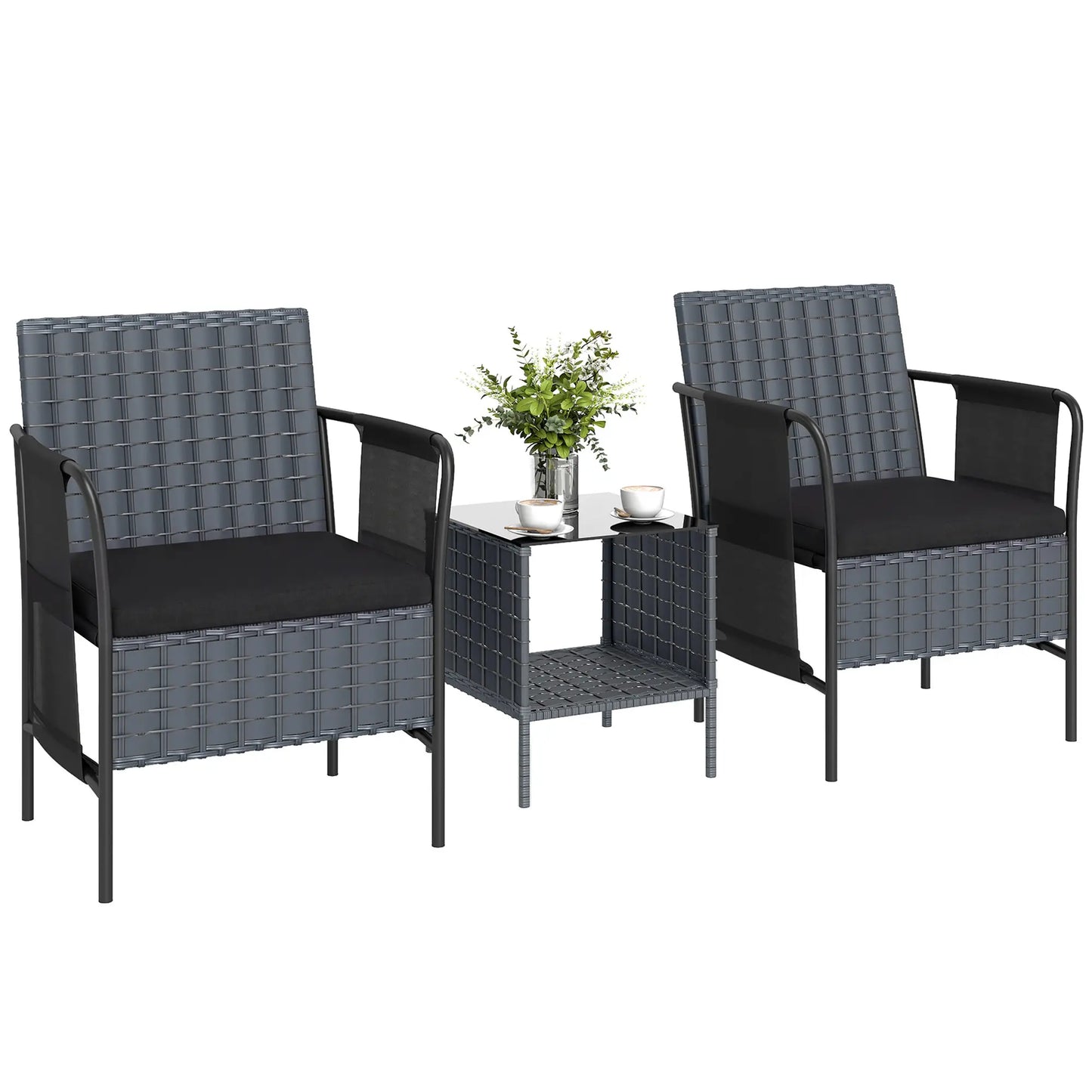 3 Piece Wicker Patio Furniture Set, Side Pockets, Mesh Seat, Black Bistro Sets at Gallery Canada