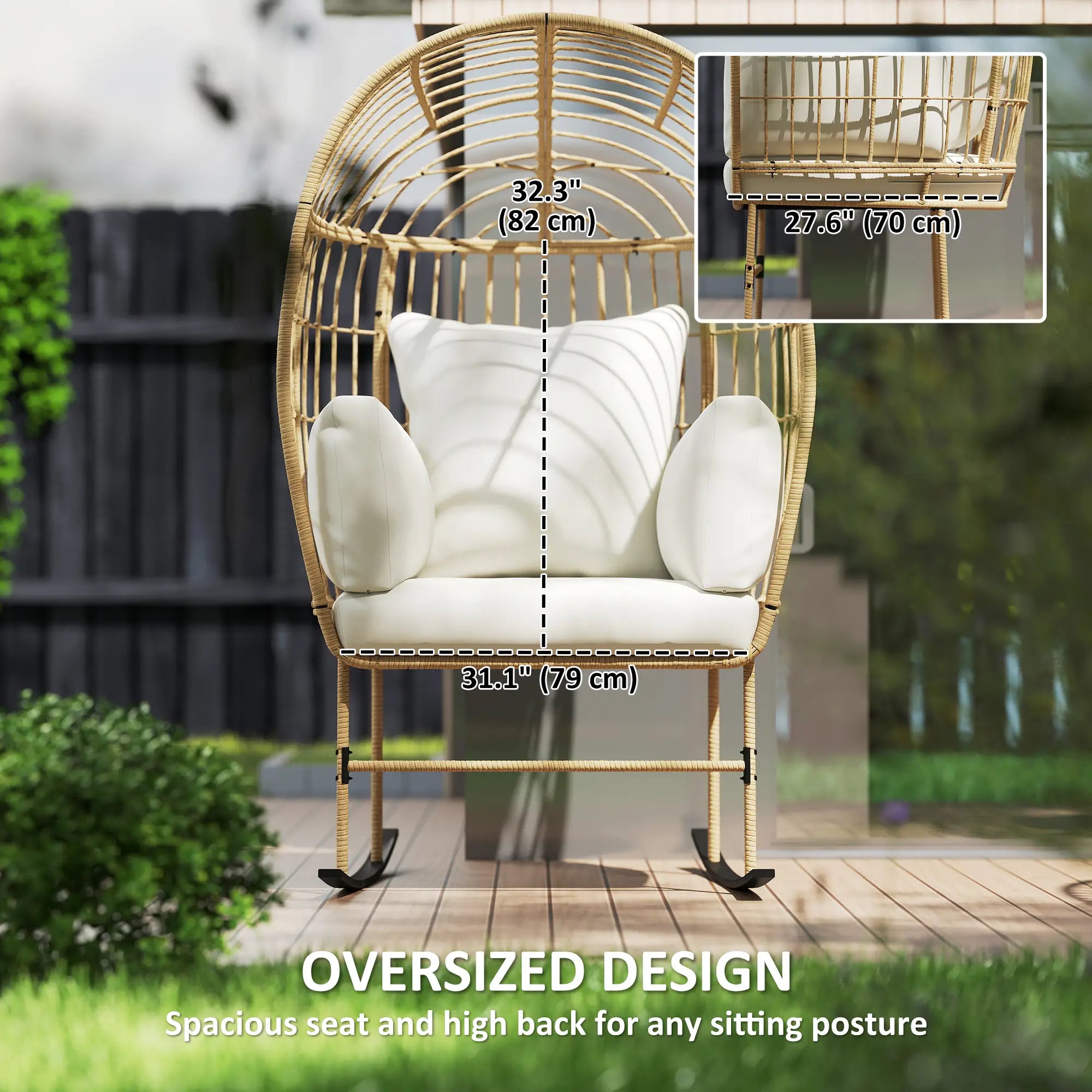 Oversized Rocking Chair, Indoor Outdoor Egg Chair, Thickened Cushions, Wicker Patio Lounger, Beige Outdoor Rocking Chairs at Gallery Canada