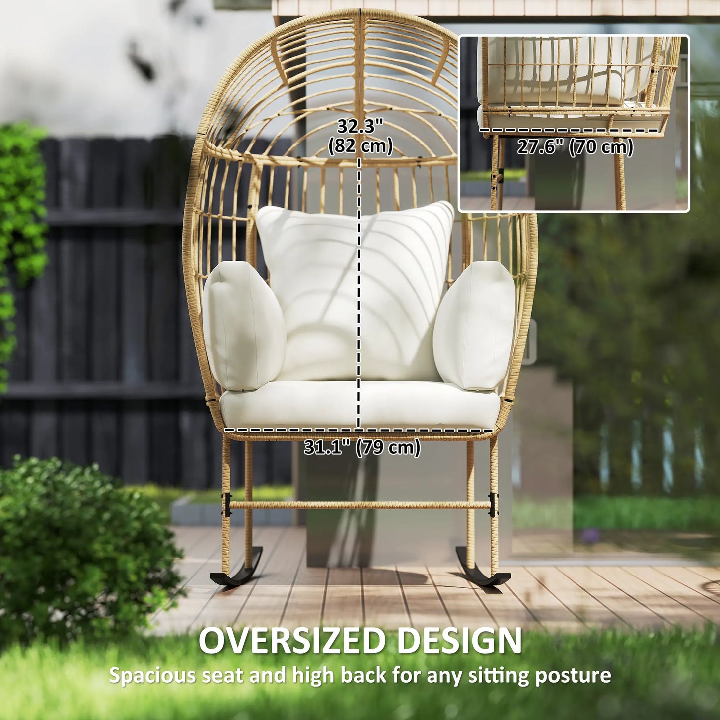 Oversized Rocking Chair, Indoor Outdoor Egg Chair, Thickened Cushions, Wicker Patio Lounger, Beige Outdoor Rocking Chairs at Gallery Canada