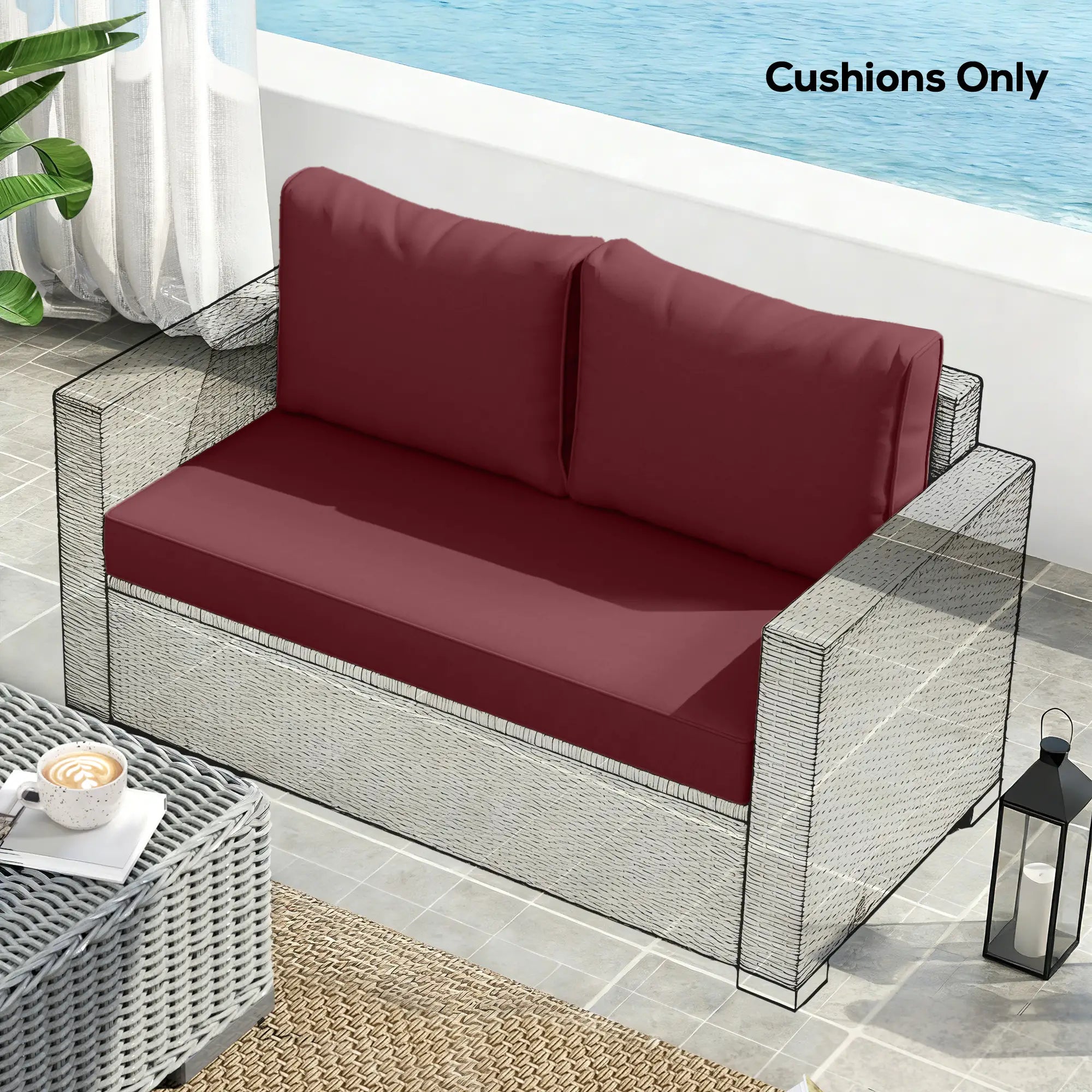 Outdoor Seat Cushions With Backrest, Loveseat Double Sofa, Wine Red Patio Chair Cushions at Gallery Canada