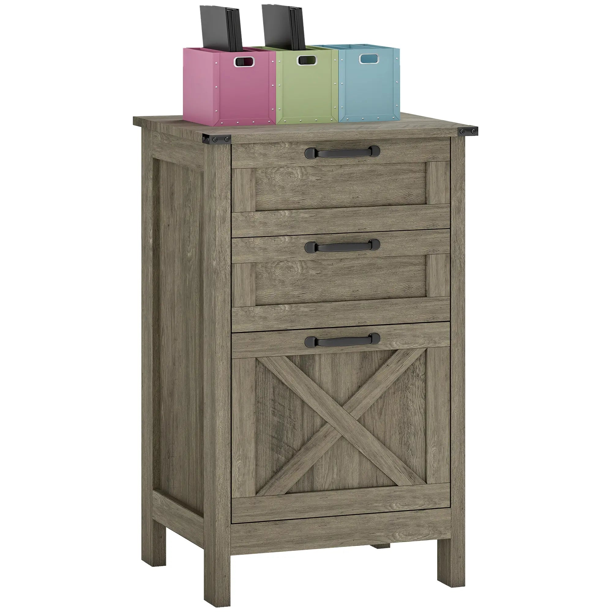 Vertical 3-Drawer Filing Cabinet, Rustic Farmhouse, A4, Letter Size, Grey Wash Office Cabinets & Cupboards at Gallery Canada