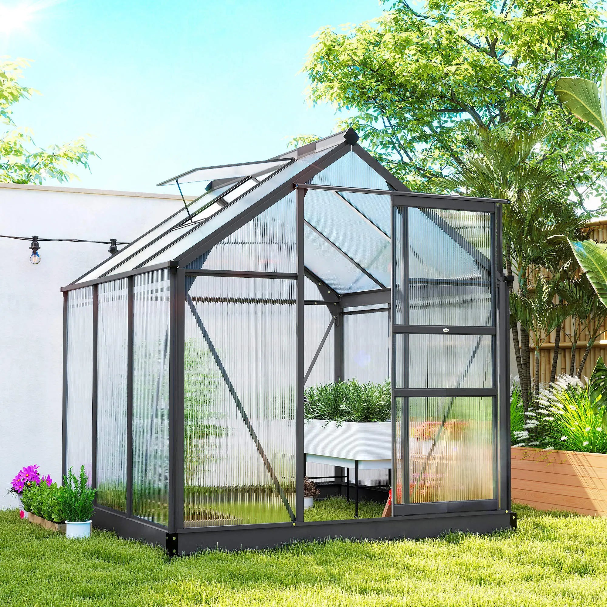 Greenhouse Kit, PC Board with Sliding Door, 6.2' x 6.3' x 6.6', Grey Walk In Greenhouses at Gallery Canada
