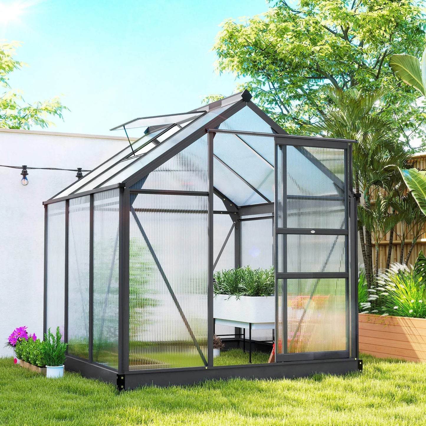 Greenhouse Kit, PC Board with Sliding Door, 6.2' x 6.3' x 6.6', Grey Walk In Greenhouses at Gallery Canada