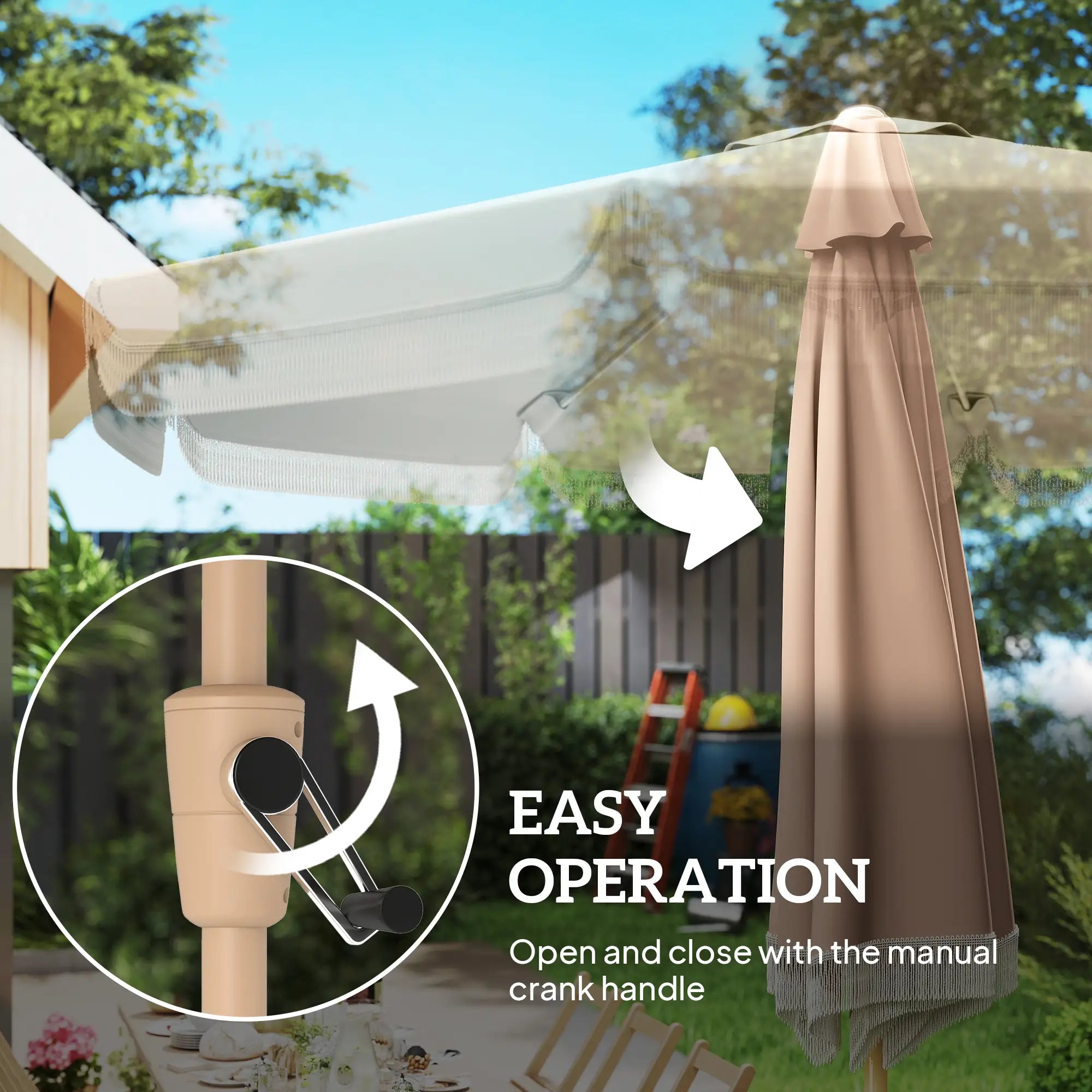 9 ft Patio Umbrella, Push Button Tilt Crank, Fringed Outdoor Market Table, Khaki Sun Umbrellas at Gallery Canada
