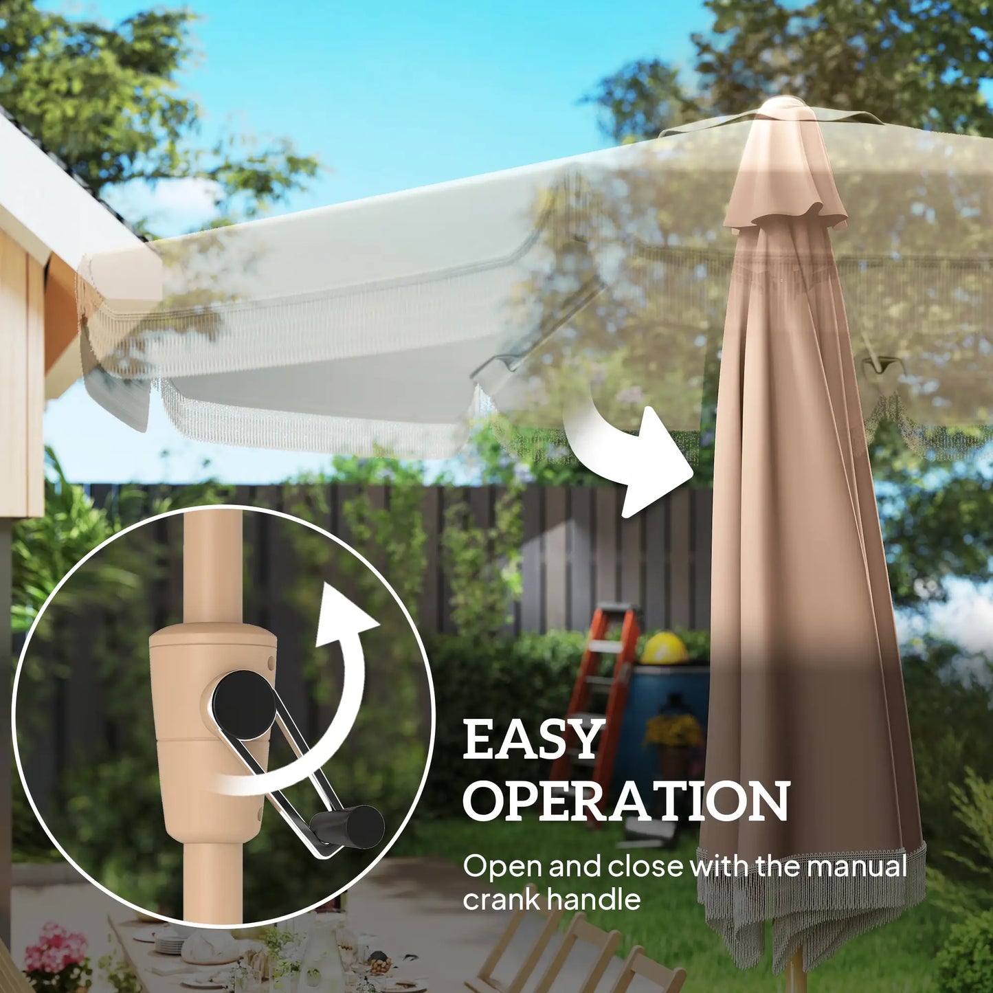 9 ft Patio Umbrella, Push Button Tilt Crank, Fringed Outdoor Market Table, Khaki Sun Umbrellas at Gallery Canada
