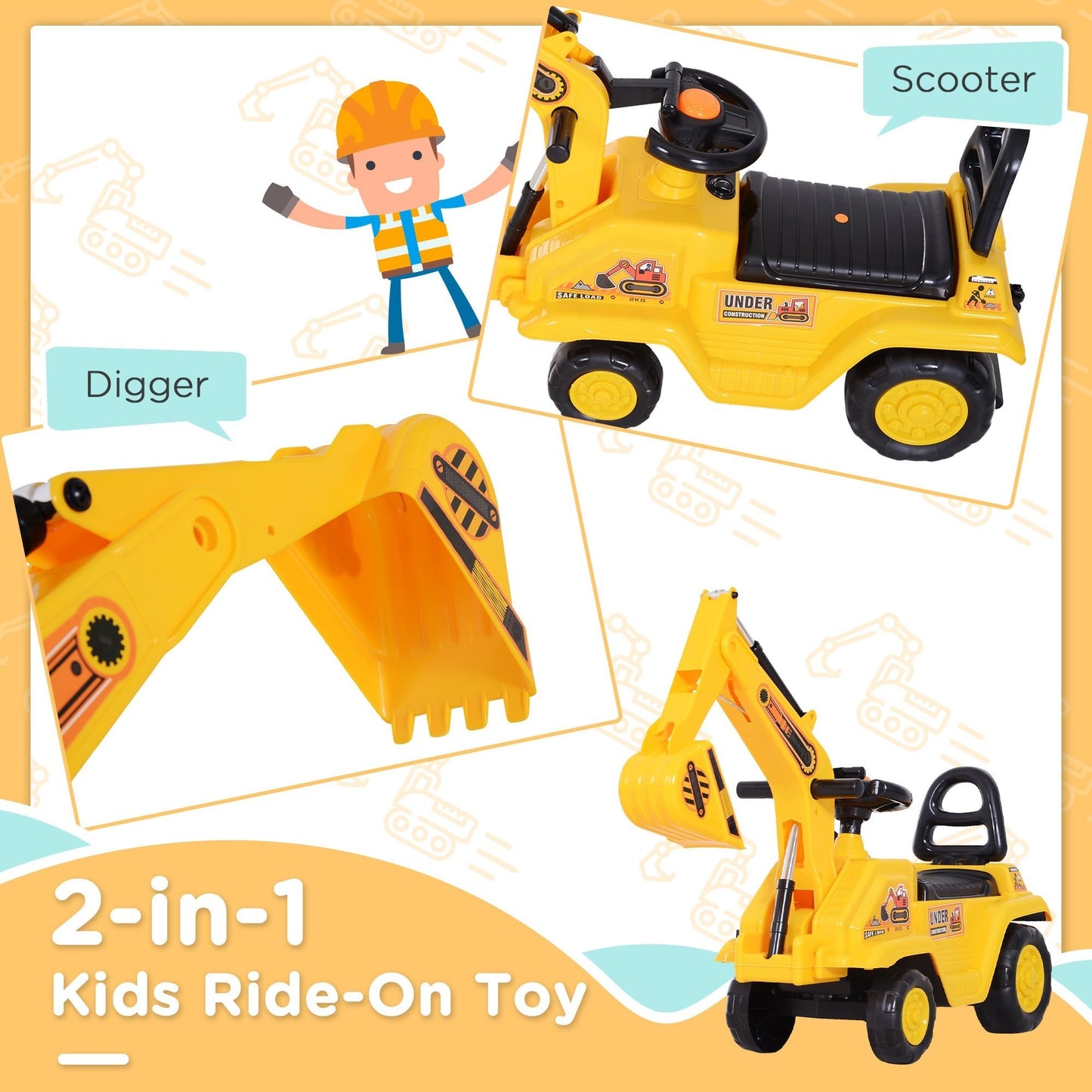 NO POWER 3 in 1 Ride On Toy Excavator Digger Scooter Pulling Cart Pretend Play Construction Truck - Gallery Canada