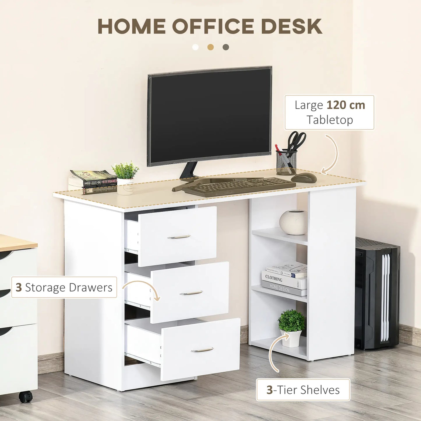 47 Inches Office Desk, 3-Tier Storage Shelves, Drawers, White Writing Desks at Gallery Canada
