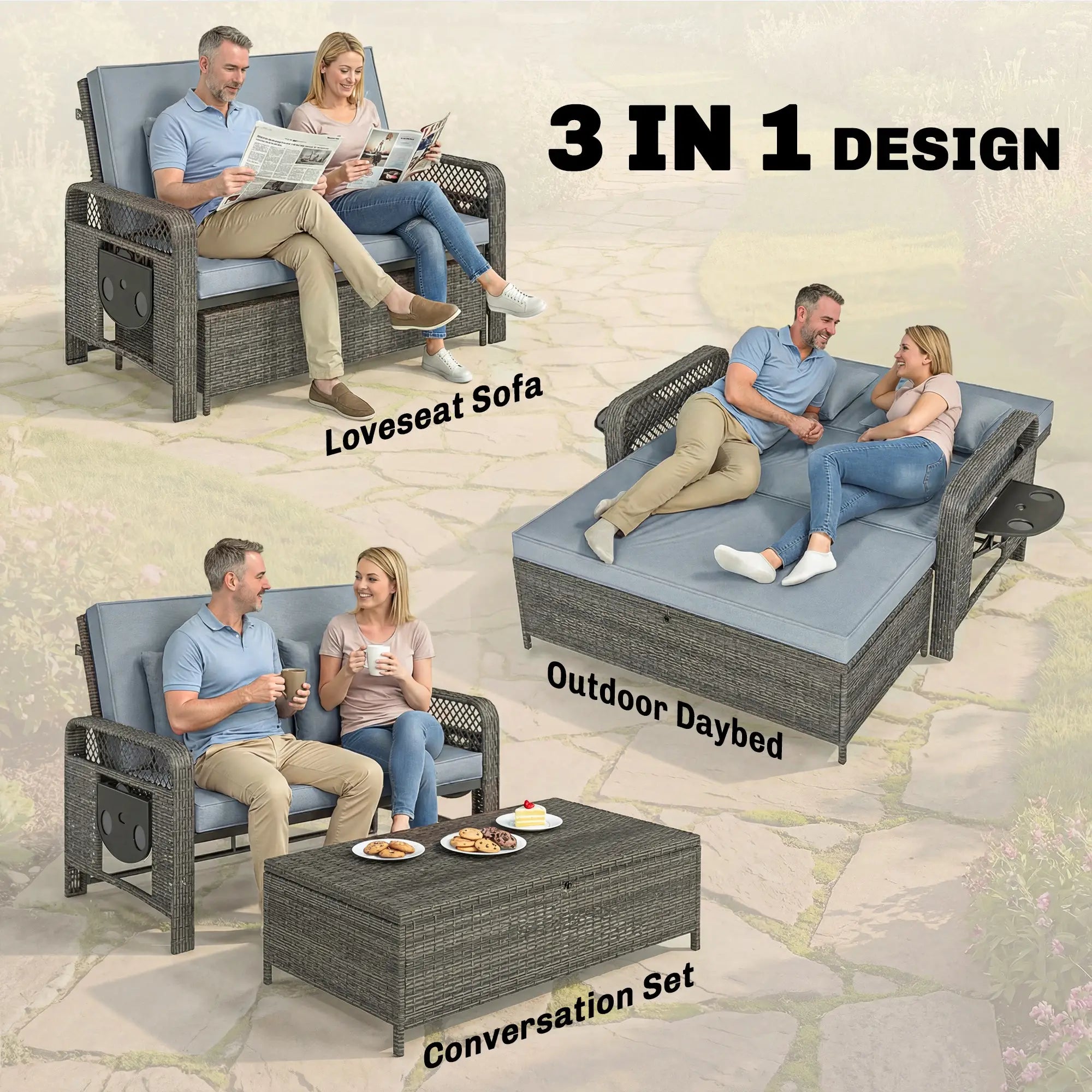 Patio Lounge Chair Set, 2 Pieces With Cushions, Adjustable Backrest, Side Trays Wicker Chaise Loungers at Gallery Canada
