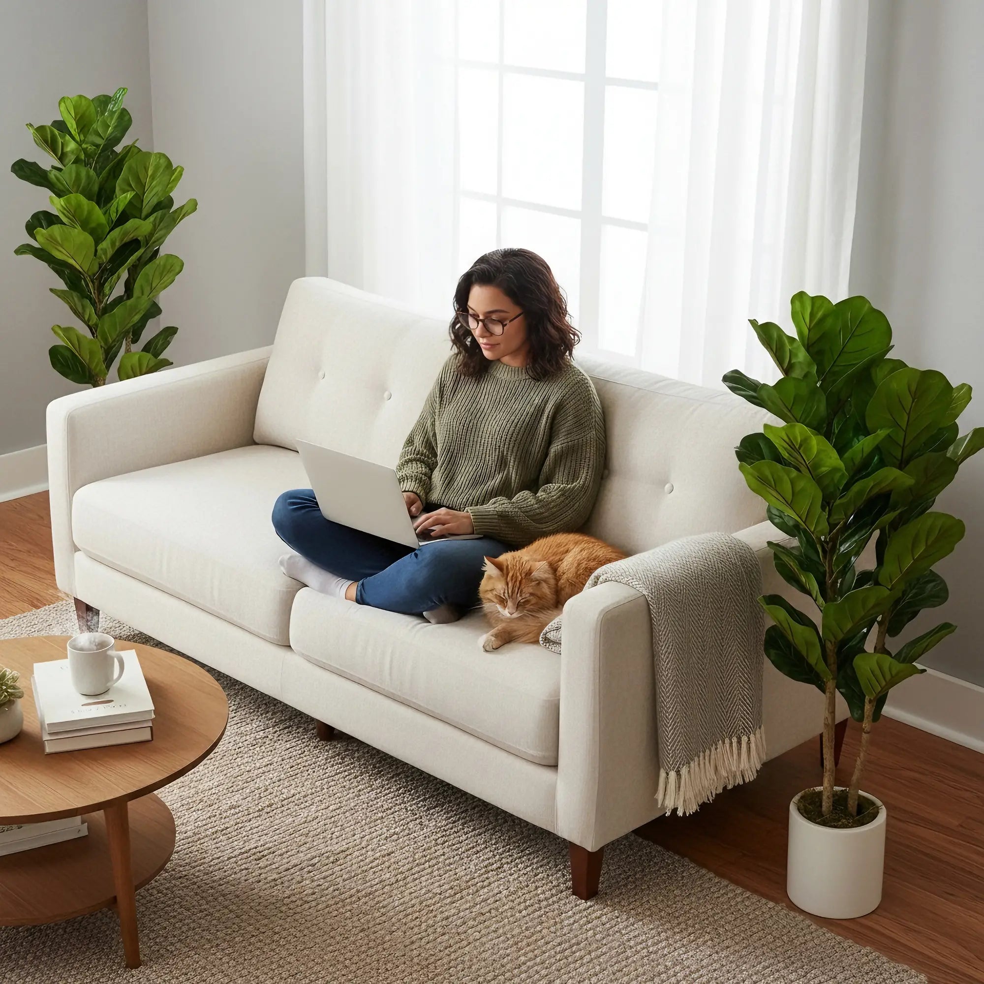 4FT Artificial Fiddle Leaf Fig Tree Set Of 2, Fake Potted Tree With Solid Wood Trunks, Green Artificial Trees at Gallery Canada