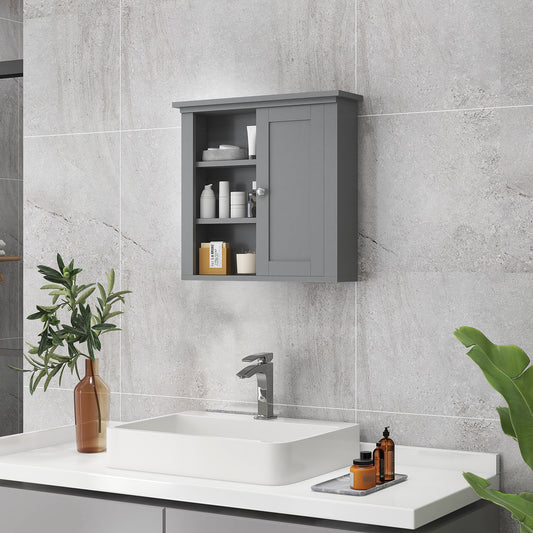 Bathroom Wall Cabinet, Wall Mounted Medicine Cabinet with 3 Open Shelves and Storage Cupboard for Laundry Room, Grey - Gallery Canada