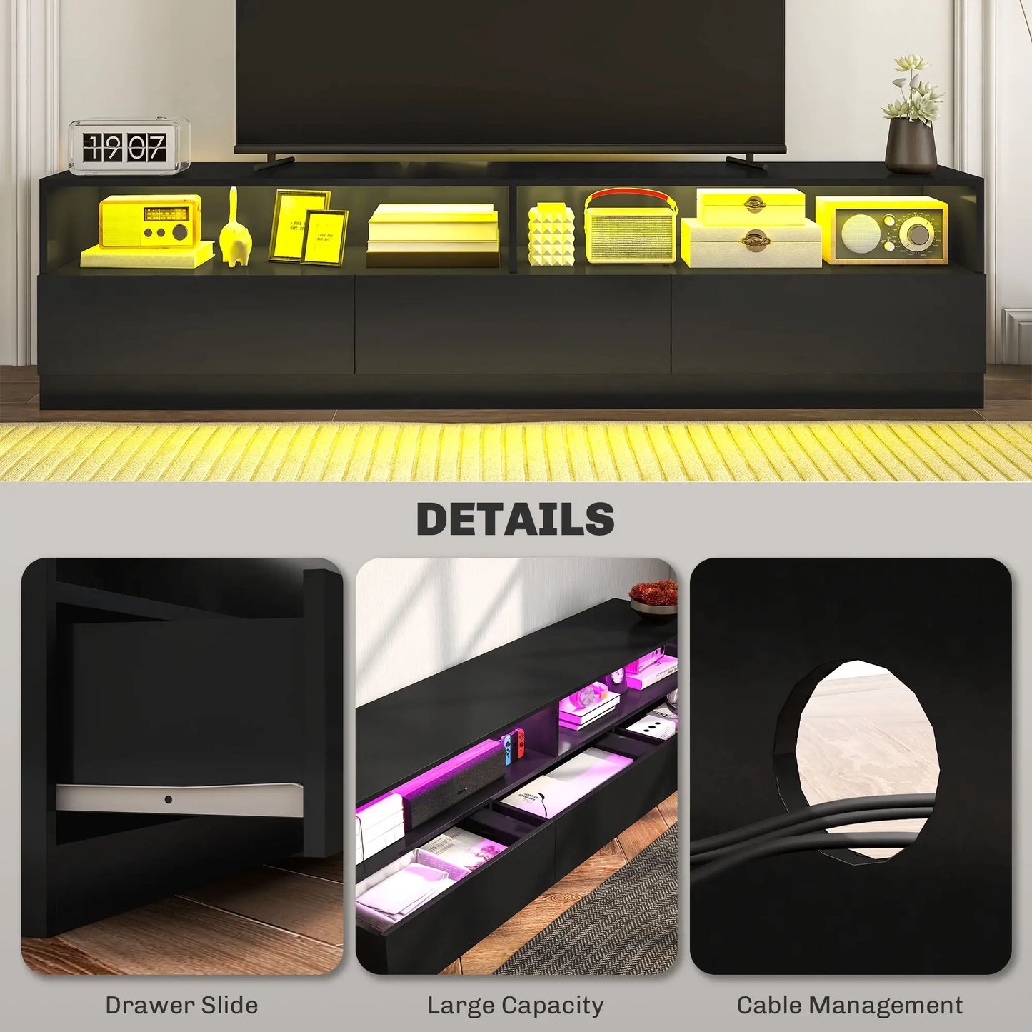 LED Lighted TV Stand for 75", Storage Drawers, High Gloss Black, Black TV Stands at Gallery Canada