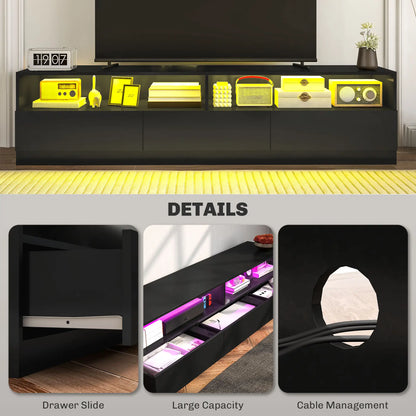 LED Lighted TV Stand for 75", Storage Drawers, High Gloss Black, Black TV Stands at Gallery Canada