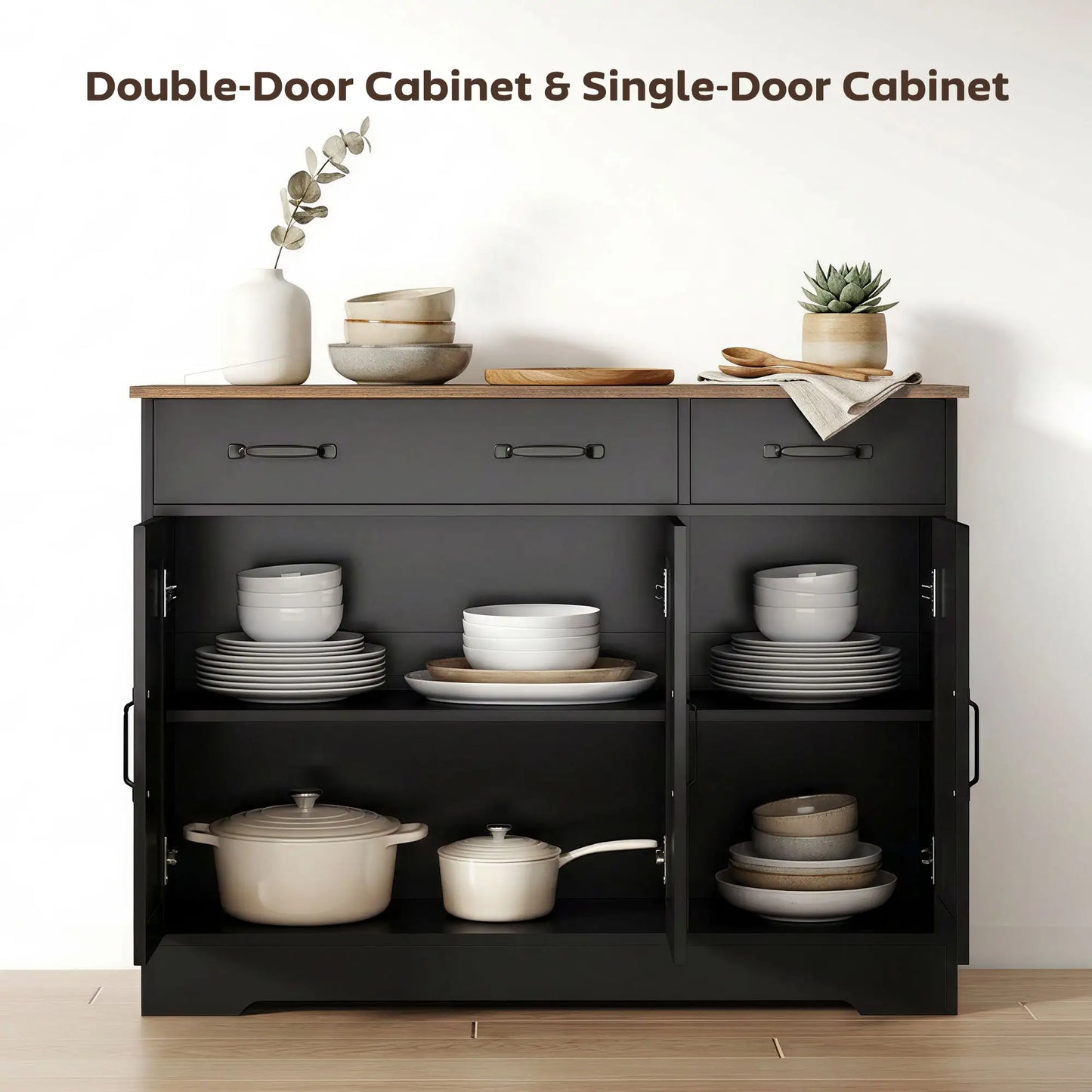 43" Sideboard Buffet Cabinet, 3 Barn Doors, 2 Drawers, Black Bar Cabinets at Gallery Canada