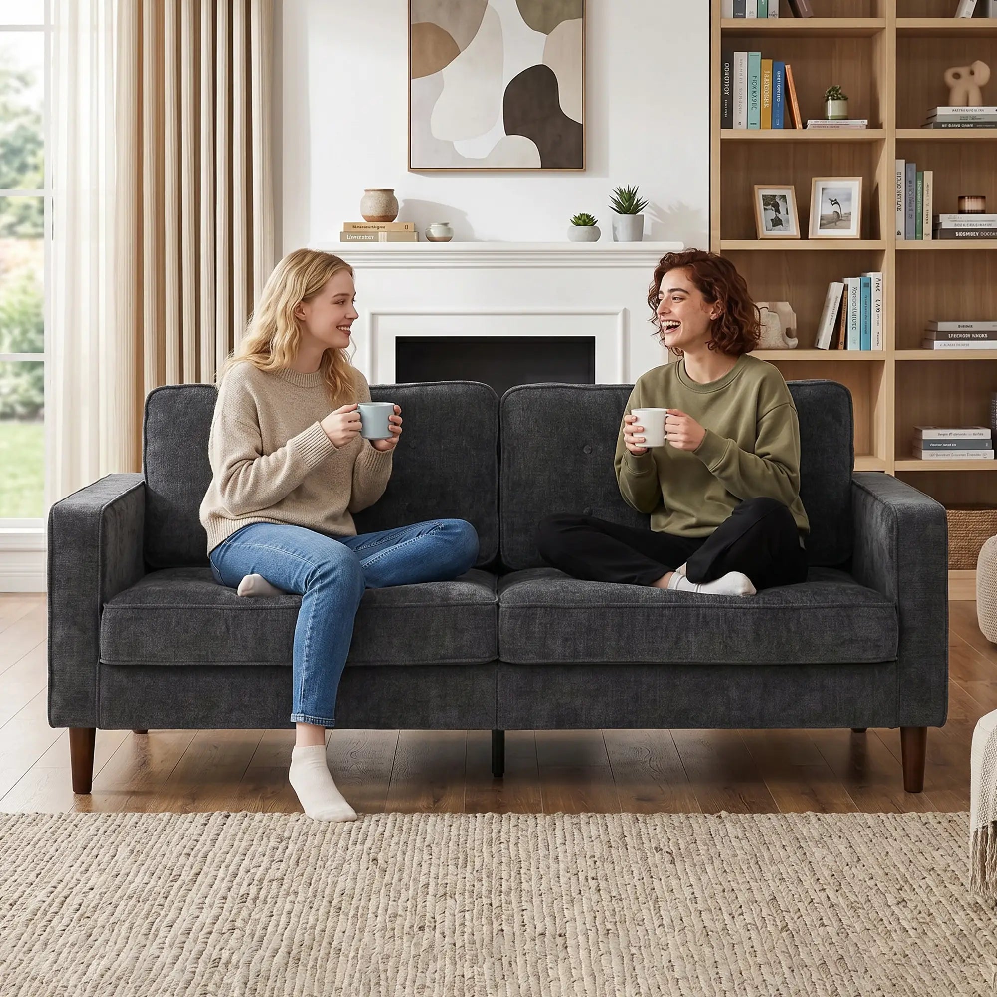 3 Seater Sofa Upholstered with Padded Cushion Modern Button Tufted Couch with Wood Legs, Dark Grey 3-Seater Sofas at Gallery Canada