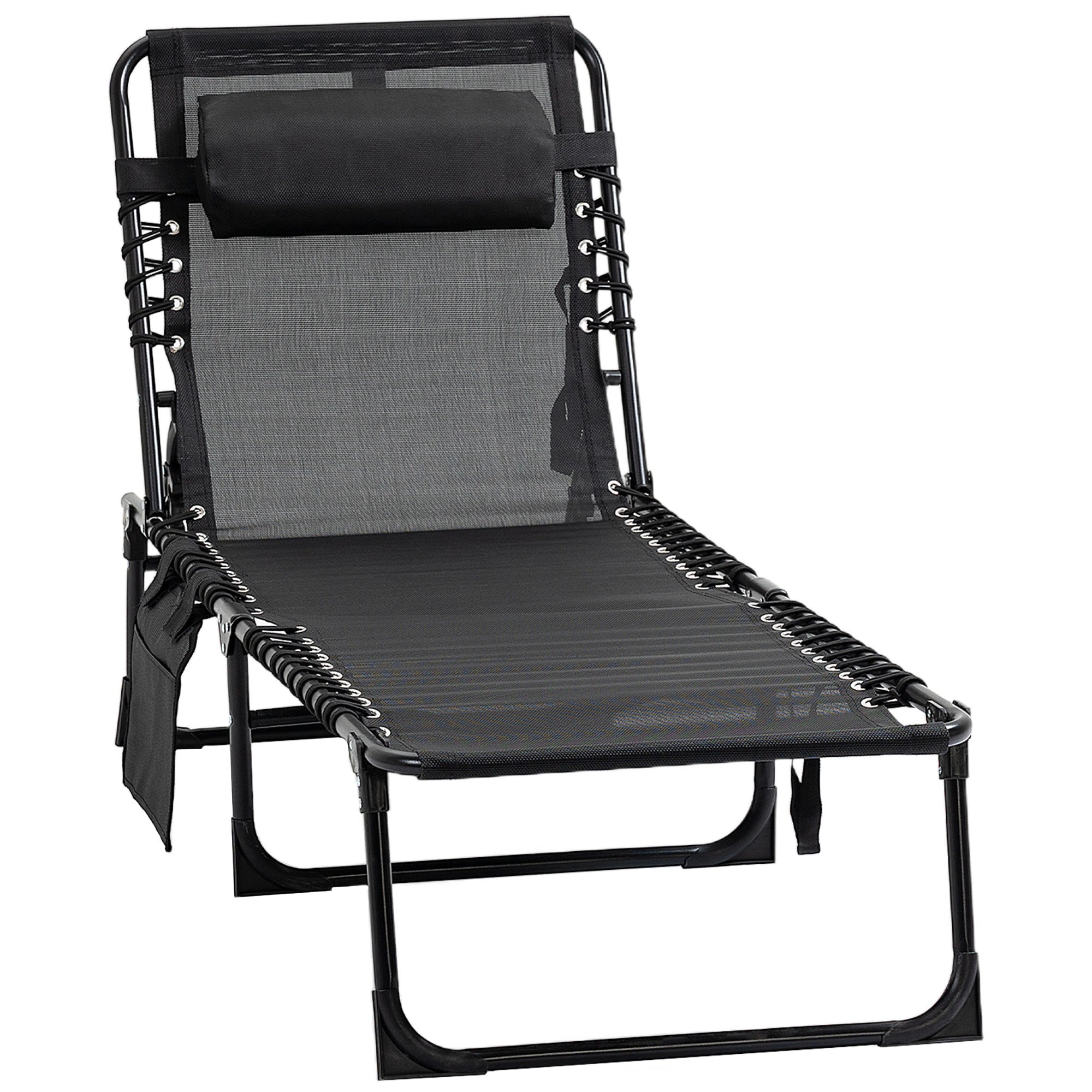 Outdoor Folding Chaise Lounge, Adjustable Backrest, Removable Pillow, Black Lounger Chairs Black at Gallery Canada