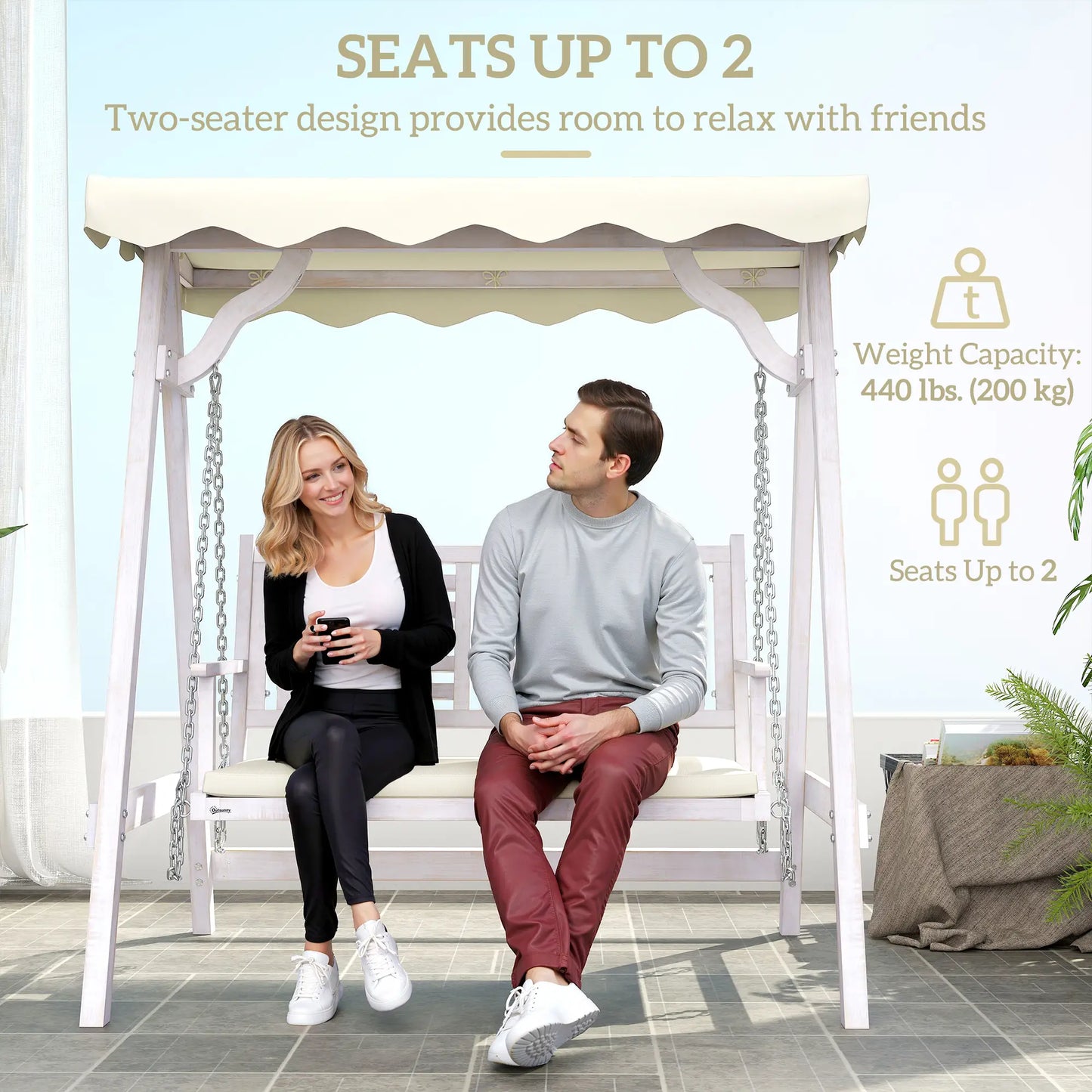 2 Seater Patio Swing with Stand, Canopy, Cushion, Wooden Bench Patio Swings with Stand at Gallery Canada