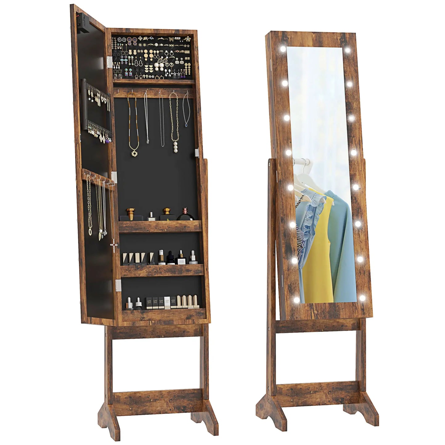 Free Standing Armoire Organizer, Lighted Mirrored Jewelry Cabinet, Angle Adjustable, 16 LED Lights, Rustic Brown, Brown Jewelry Armoire & Jewellery Mirror Cabinets Rustic Brown at Gallery Canada
