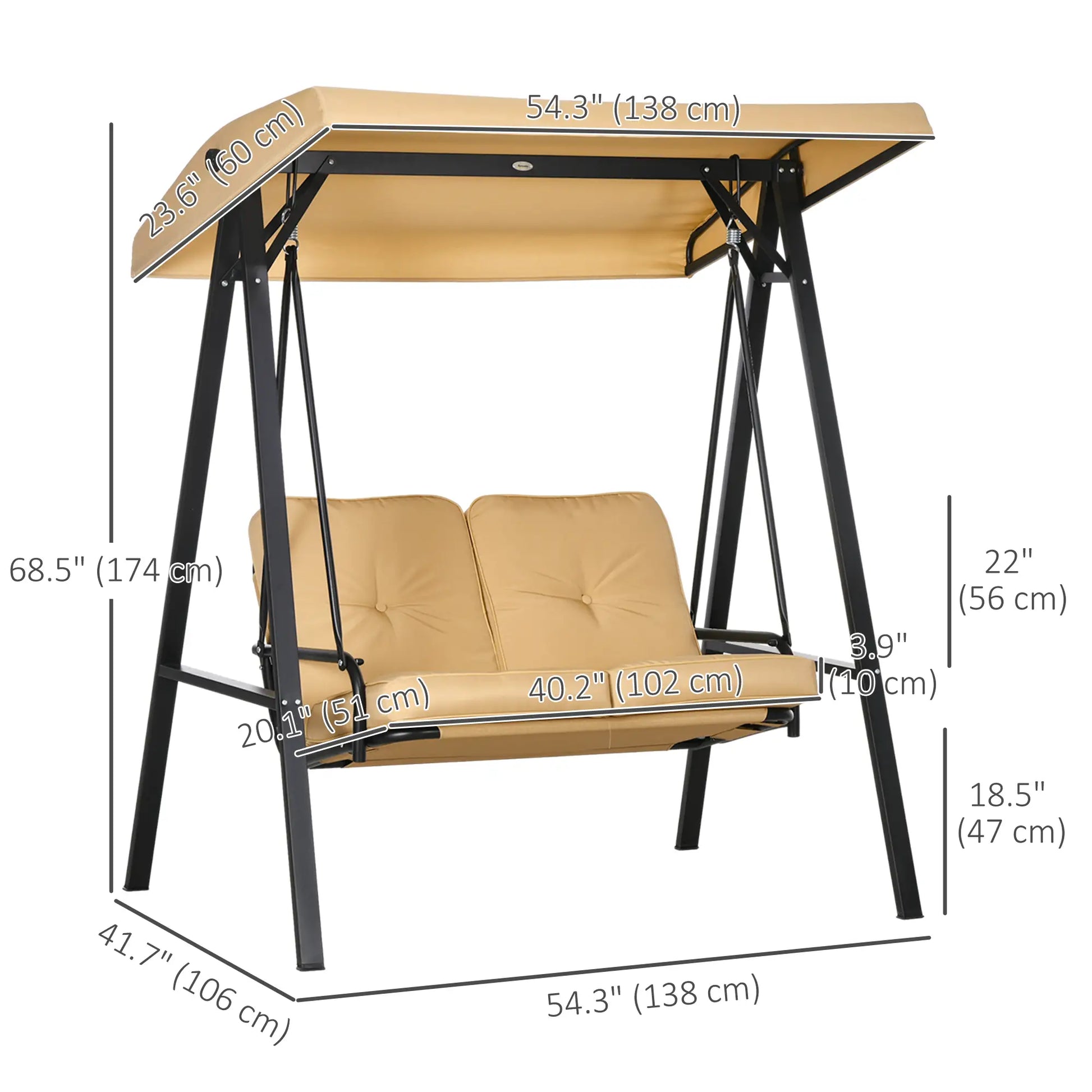 2-Seater Outdoor Porch Swing, Adjustable Canopy, Beige Patio Swings with Stand at Gallery Canada