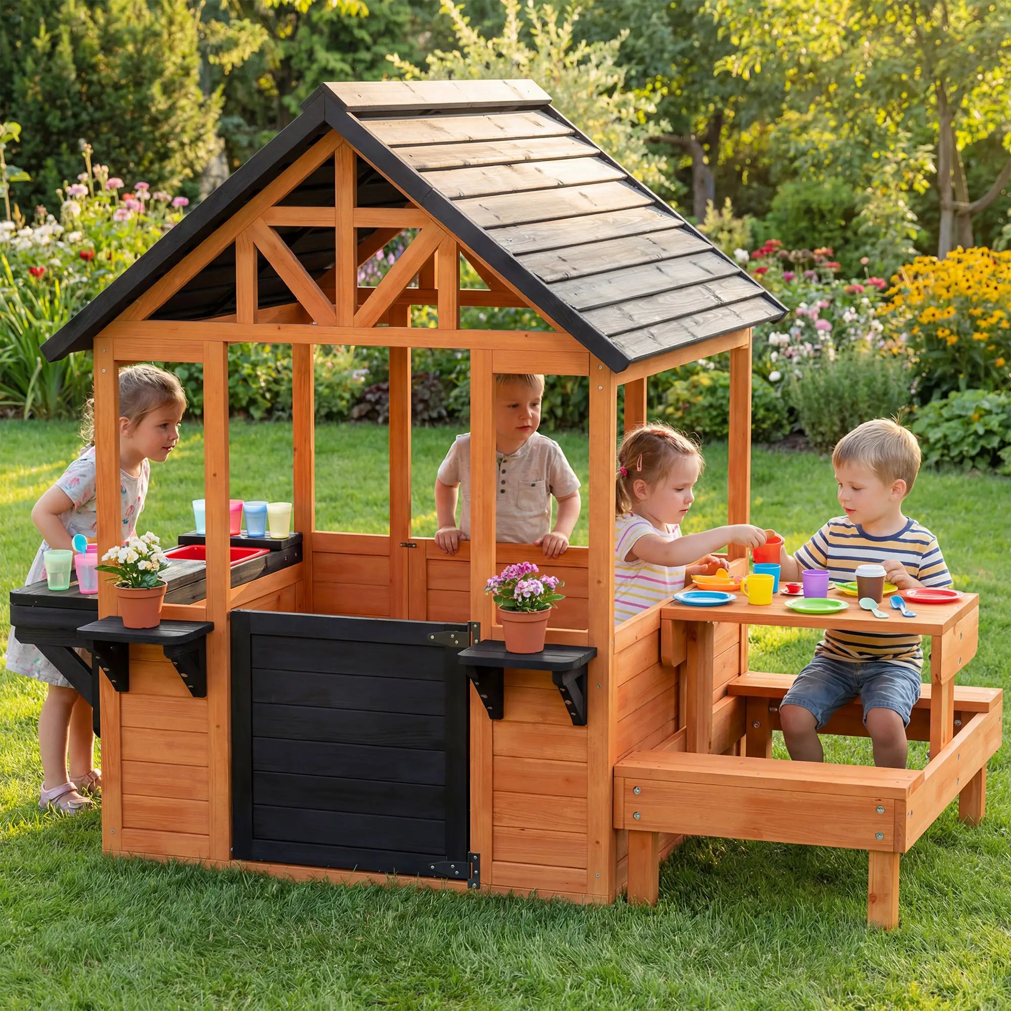Wooden Playhouse With Table, Benches, Sink, Windows, Flowerpot Holders, Brown Play Houses at Gallery Canada