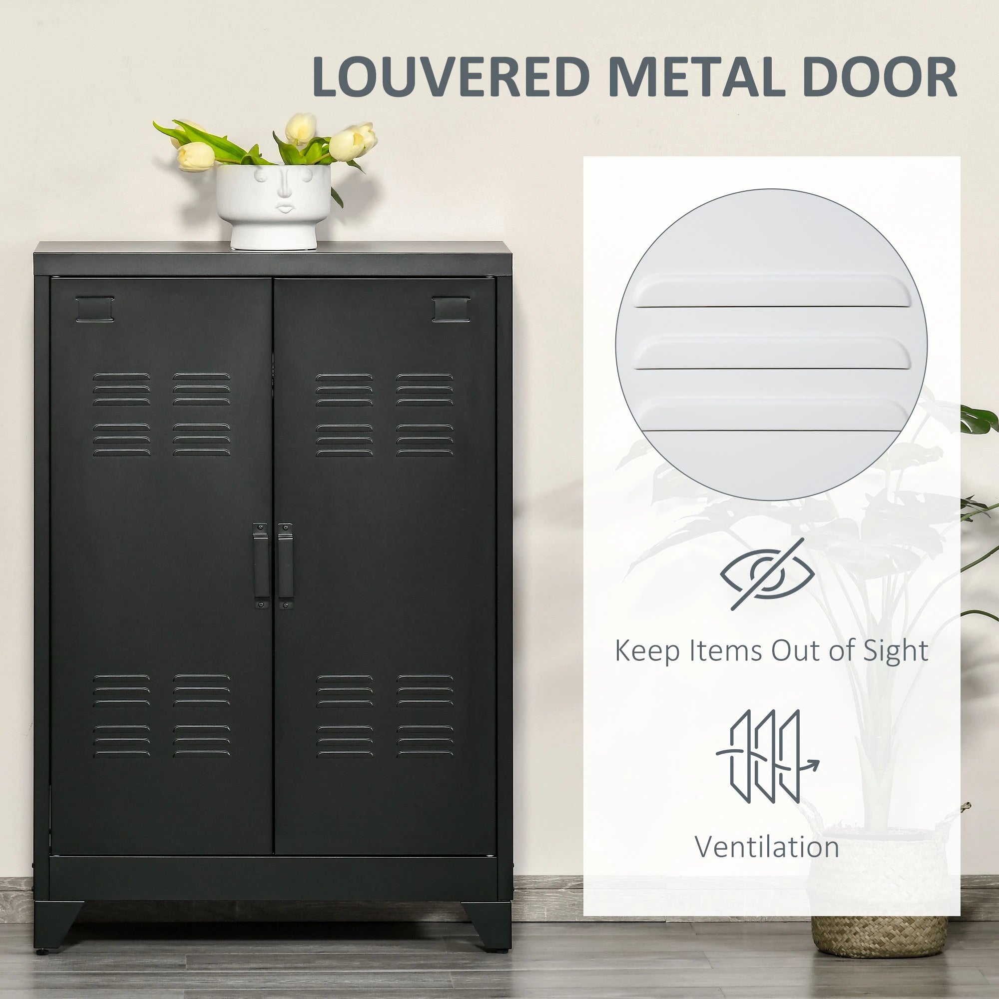 Metal Storage Cabinet, 2 Louvered Doors, Adjustable Shelves, Black Storage Cabinets at Gallery Canada