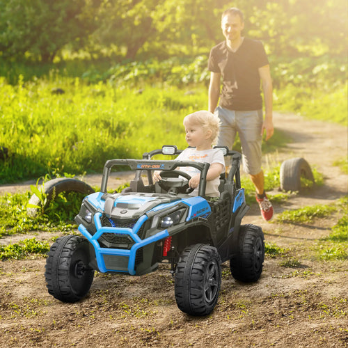 2 Seater 24V Electric Car for Kids, Remote Control, 3 Speed, LED Lights, Music, Horn, Spring Suspension, Blue