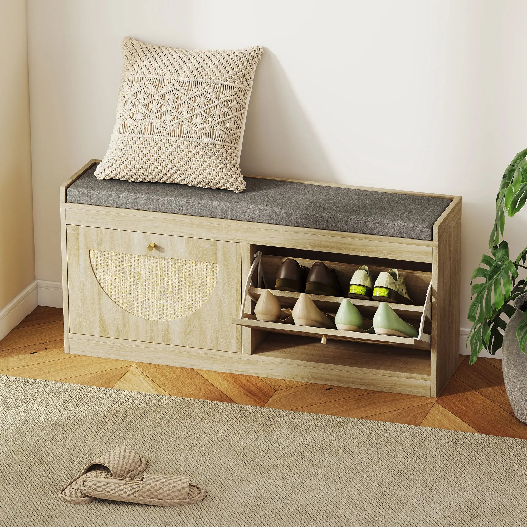 Shoe Bench with Flip Doors, Seat Cushion, Adjustable Shelves, Natural Wood Shoe Storage Cabinets & Racks at Gallery Canada