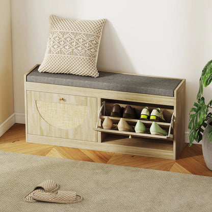 Shoe Bench with Flip Doors, Seat Cushion, Adjustable Shelves, Natural Wood Shoe Storage Cabinets & Racks at Gallery Canada