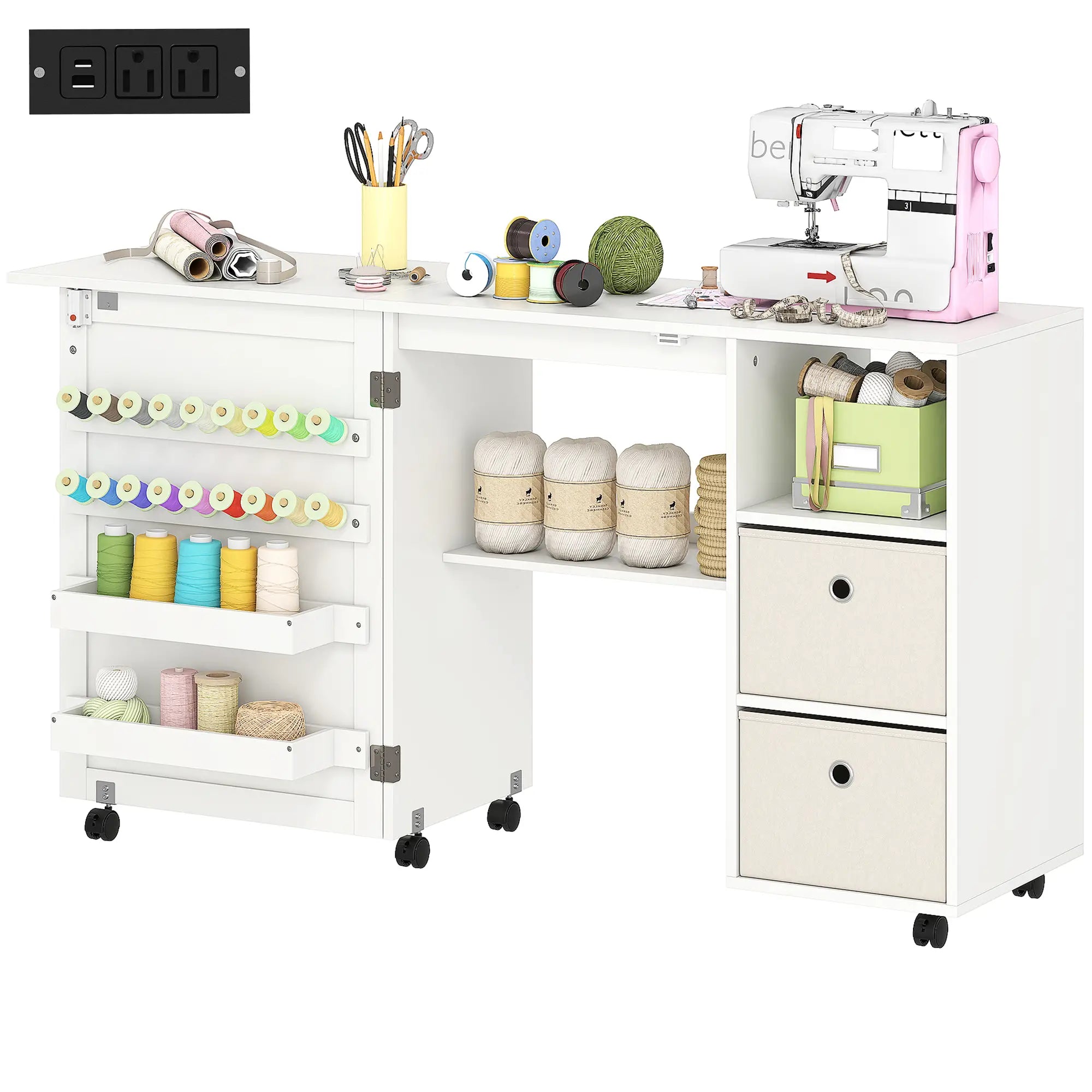 Rolling Sewing Machine Table, Folding Craft Table with Drawers, White Sewing Cabinets White at Gallery Canada