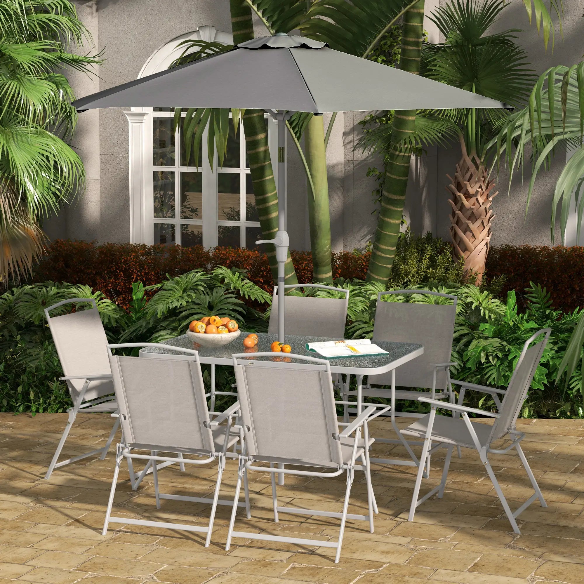 8 Piece Patio Dining Set, 6 Folding Chairs, Rectangle Table, Grey Outdoor Dining Sets at Gallery Canada