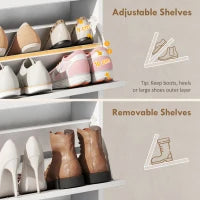 Armoire à chaussures fine, 2 tiroirs basculants, étagères réglables, dessus en verre