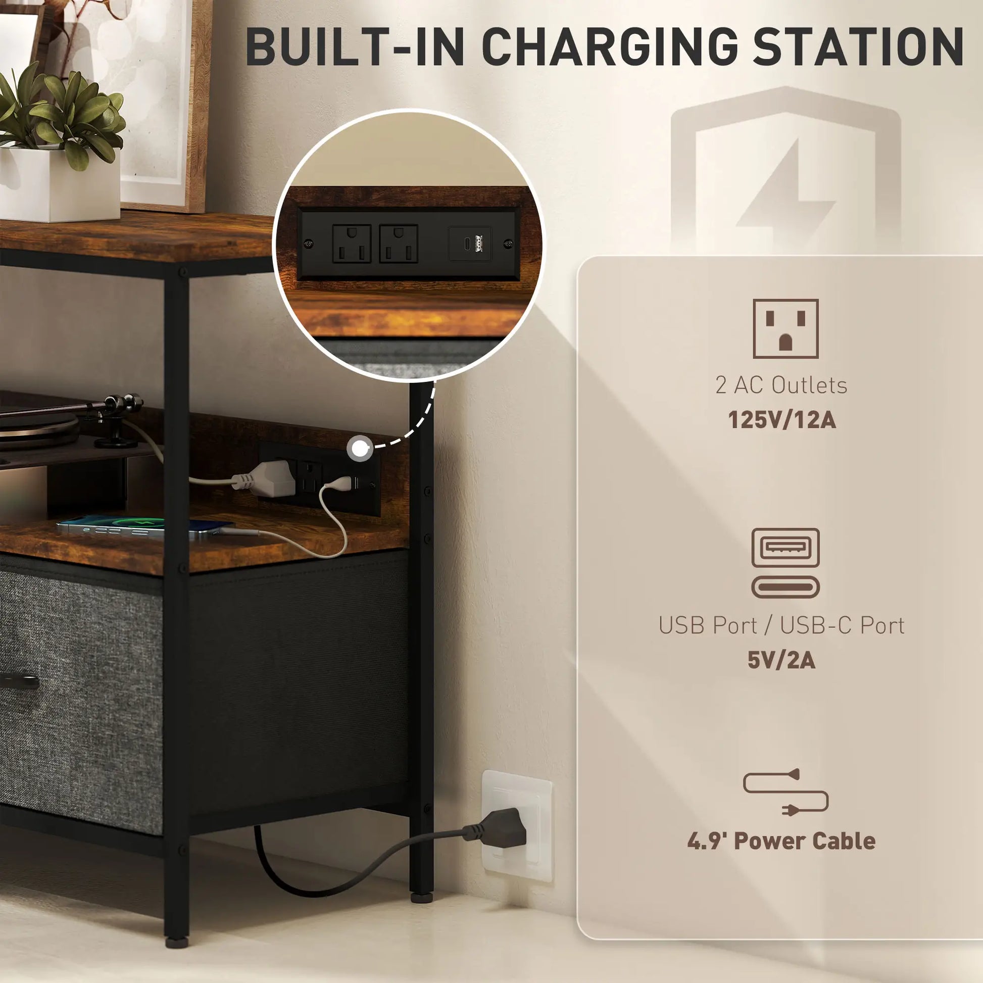 TV Stand With Charging Station, 2 Foldable Linen Drawers, Open Shelf, 47 Inch, Rustic Brown, Brown TV Stands at Gallery Canada