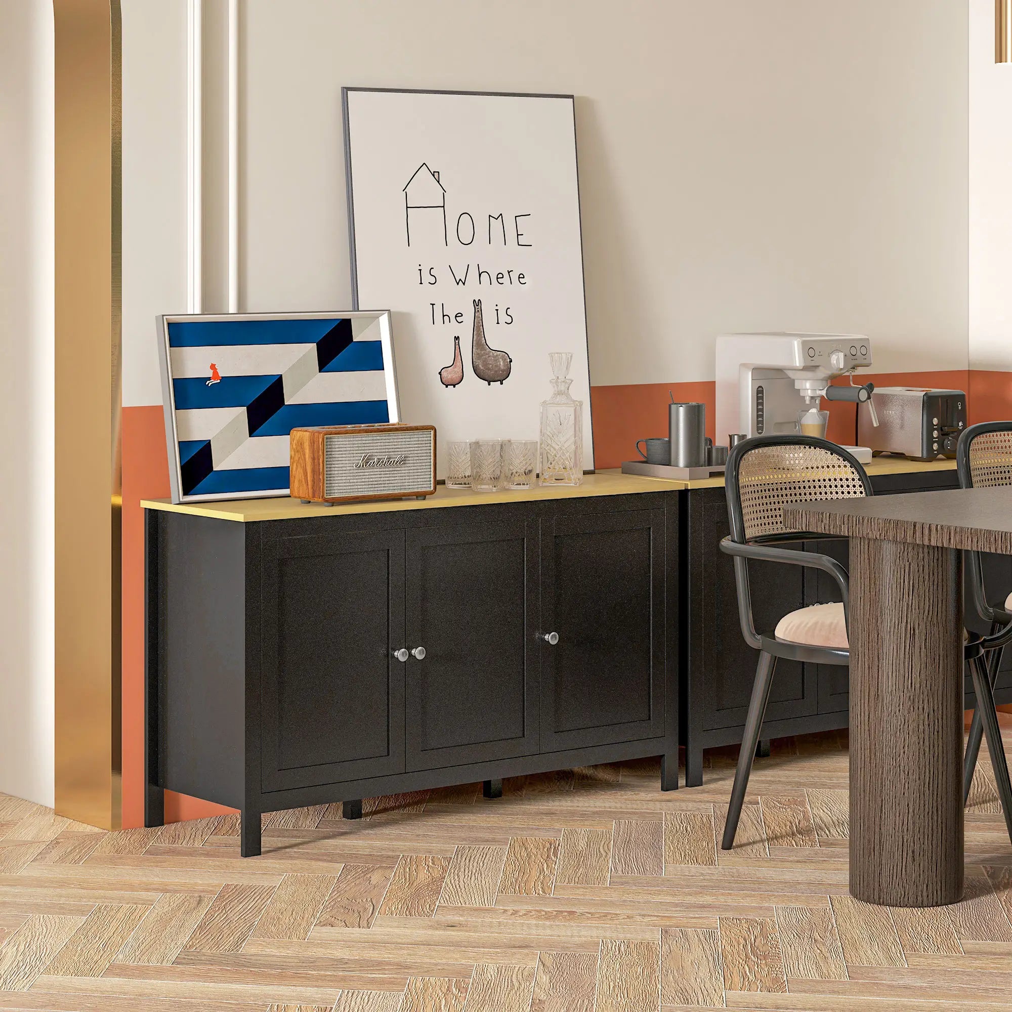Sideboard, Buffet Cabinet with Doors, Adjustable Shelves, Natural, Black Kitchen Pantry Cabinets at Gallery Canada