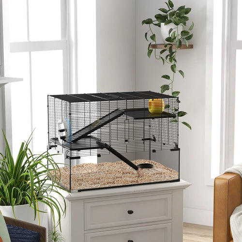 Hamster Cage, Gerbil Cage With Glass Basin, Black