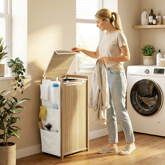 Bamboo Laundry Hamper with Removable Drawstring Bag and Side Storage Pockets, 19.8 Gal, Natural Bath Accessories Natural at Gallery Canada