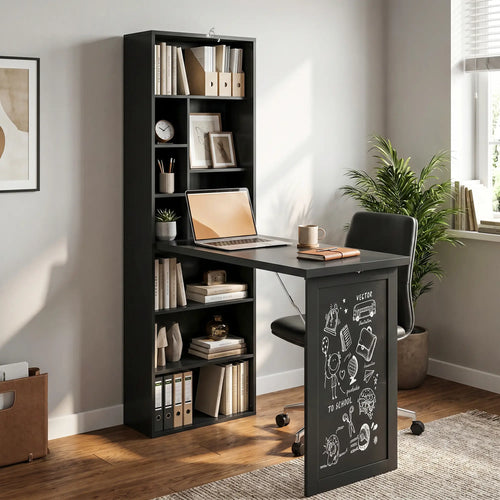 Fold-Out Convertible Office Desk, Wall Mount Computer Desk, Blackboard, Side Shelf, Black