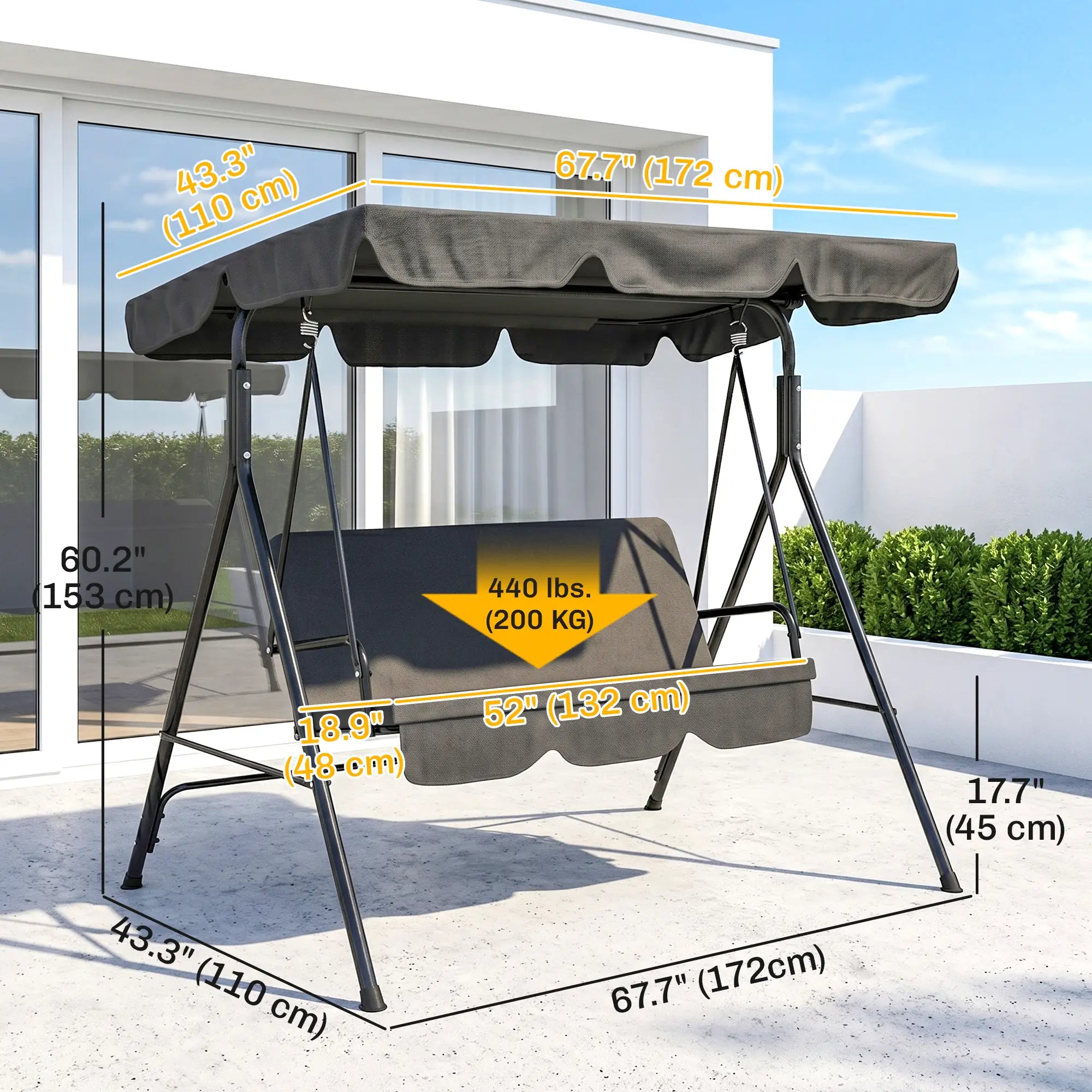 3-Seater Outdoor Porch Swing, Adjustable Canopy, Black Patio Swings with Stand at Gallery Canada
