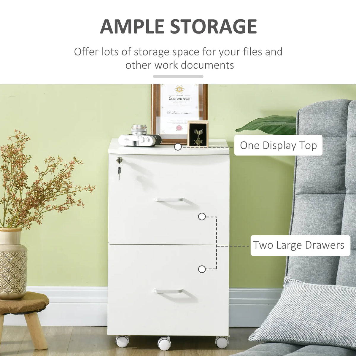 2 Drawer Mobile File Cabinet with Lock, Wood, Letter and A4 Size, White Office Cabinets & Cupboards at Gallery Canada