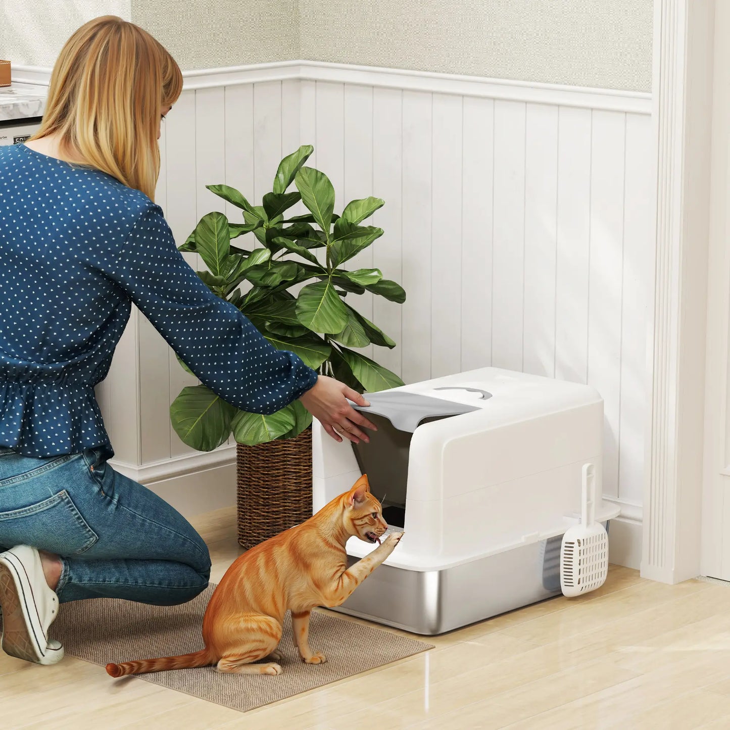 Stainless Steel Cat Litter Box, Removable Lid & Scoop, White Cat Litter Box Enclosures at Gallery Canada