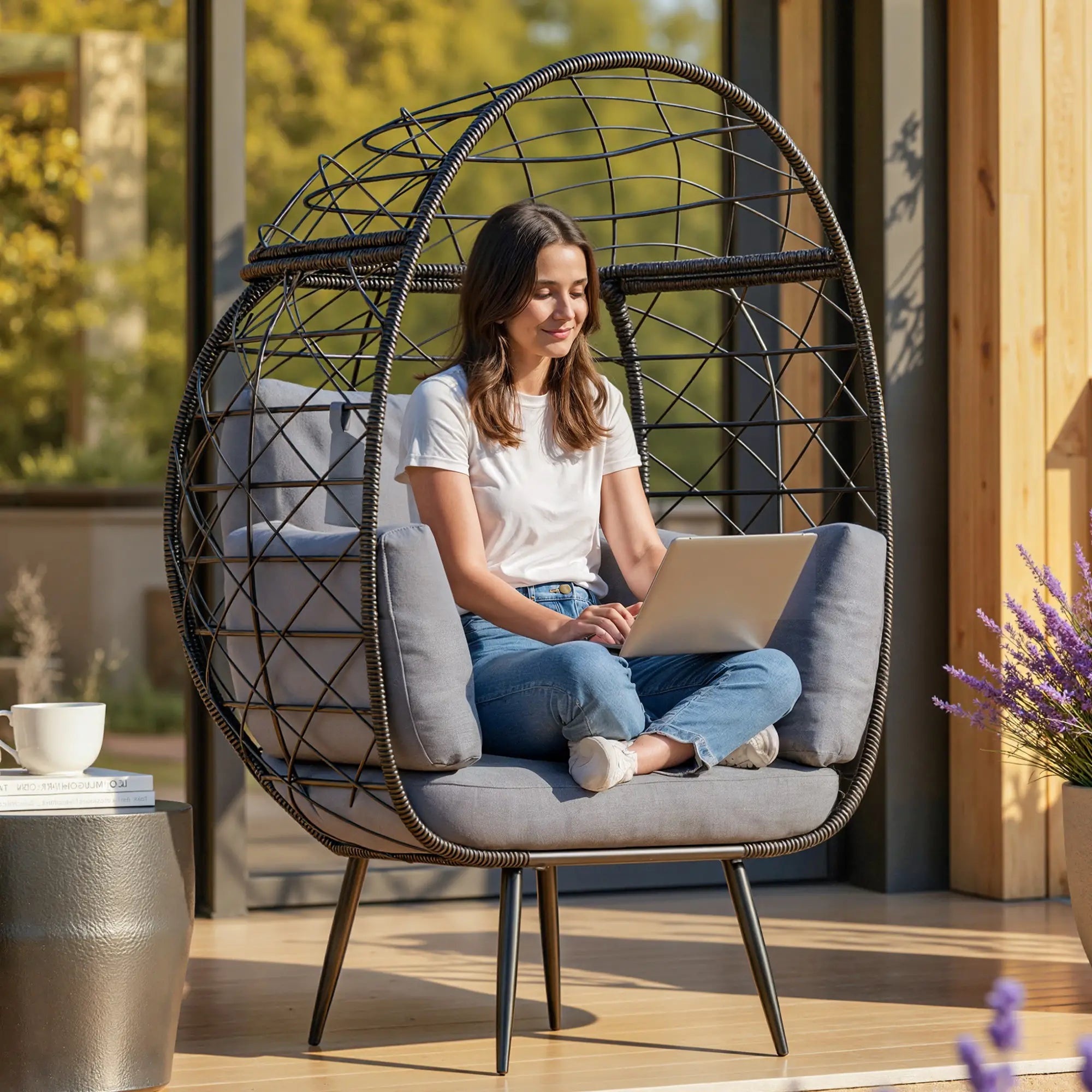 Rattan Egg Chair, Indoor Outdoor Lounger with Cushions, Cup Holder, Grey Patio Chairs at Gallery Canada
