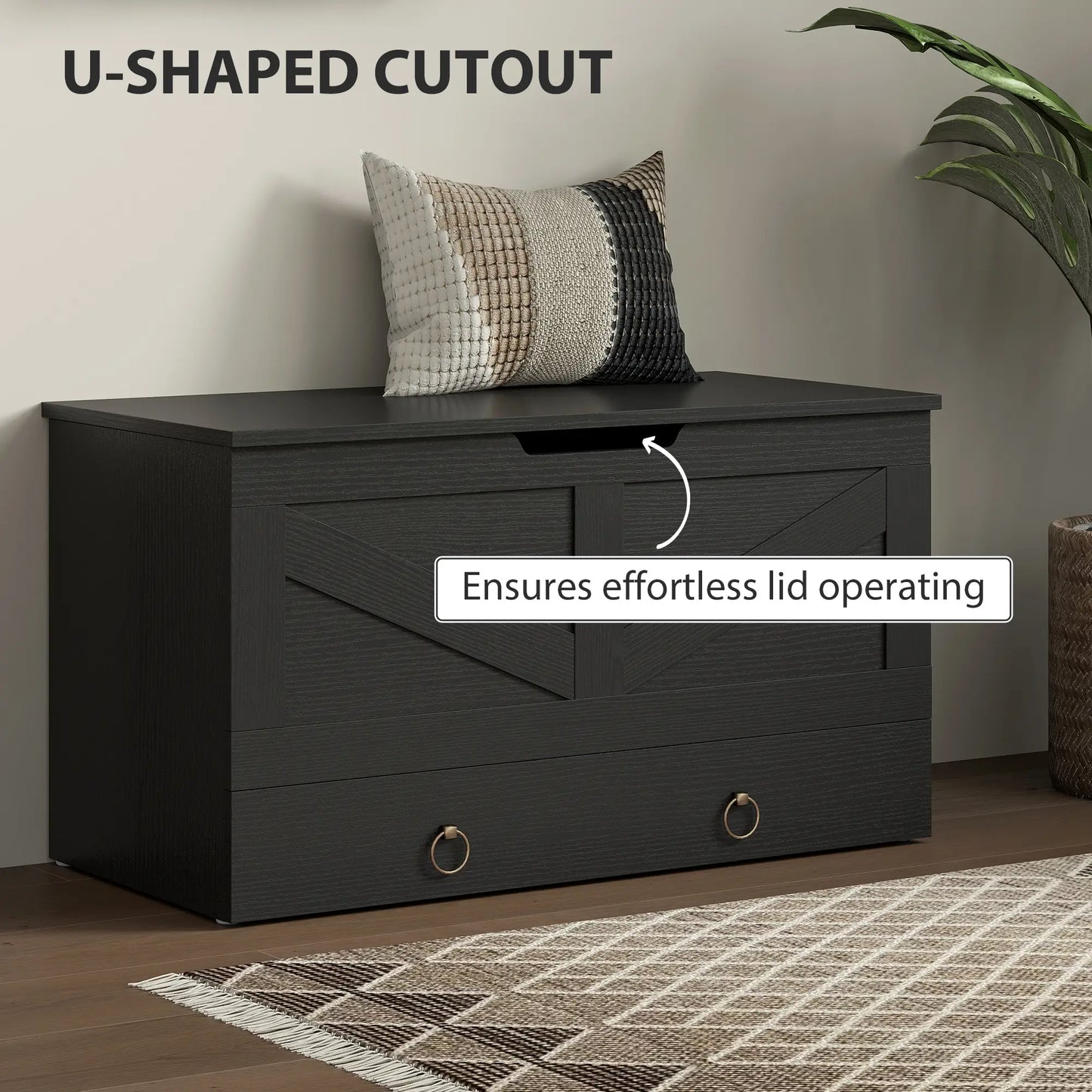 31.5 Inches Storage Chest, Wooden Box, Black Wood Grain, Black Storage Cabinets at Gallery Canada