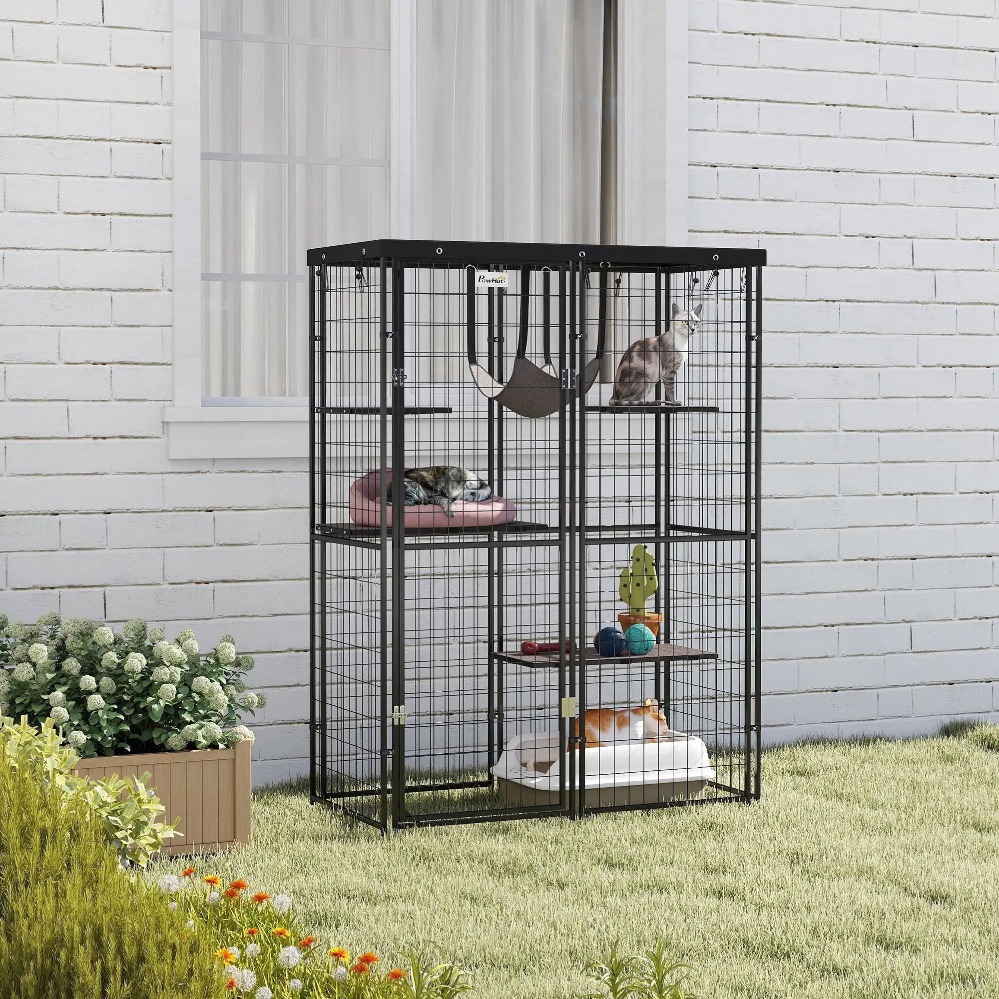 Metal Cat Cage, Waterproof Cover, 4 Platforms, Hammock, 46.5