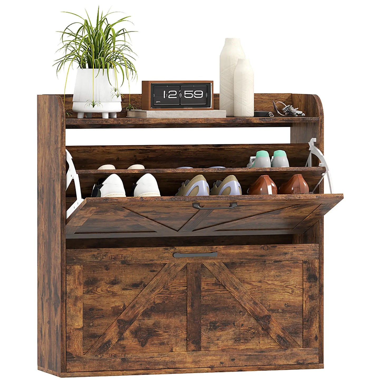 Narrow Shoe Storage Cabinet, 2 Flip Drawers, Adjustable Shelves, Rustic Brown Shoe Storage Cabinets & Racks at Gallery Canada