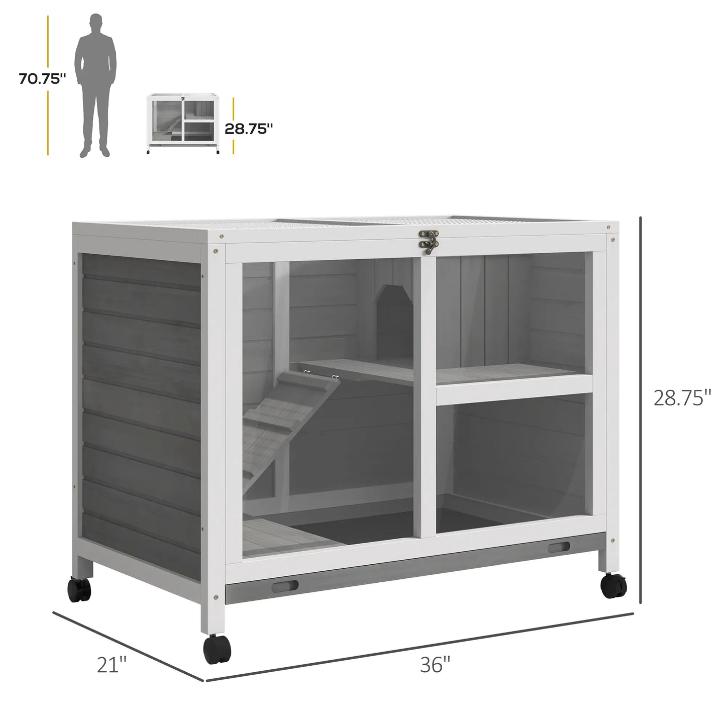 Indoor Rabbit Hutch with Wheels, Bunny Cage, Pull Out Tray, Grey Rabbit Hutch at Gallery Canada