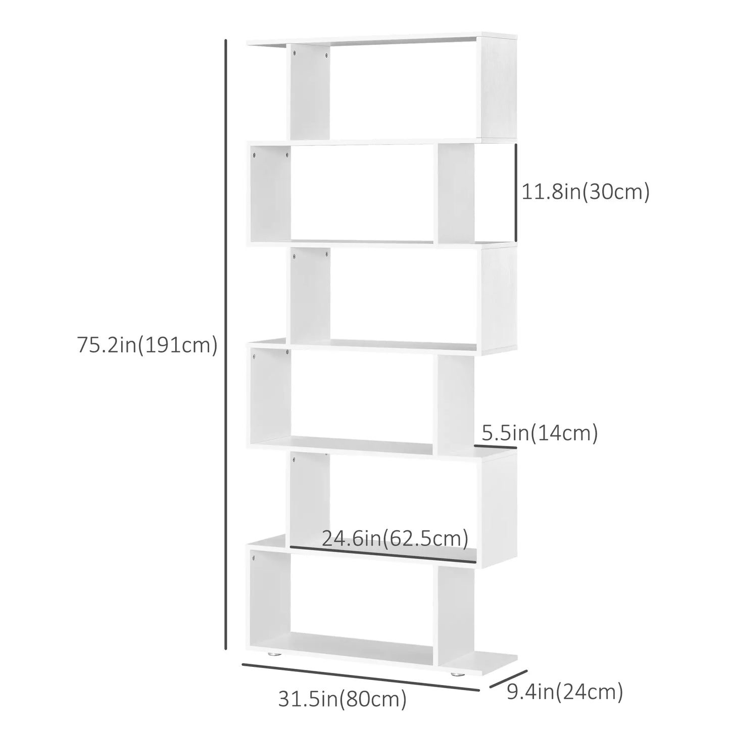 76" 6-Tier Geometric Wooden Bookcase, S Shaped Storage Shelf, White Display Bookshelves at Gallery Canada