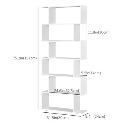 76" 6-Tier Geometric Wooden Bookcase, S Shaped Storage Shelf, White Display Bookshelves at Gallery Canada
