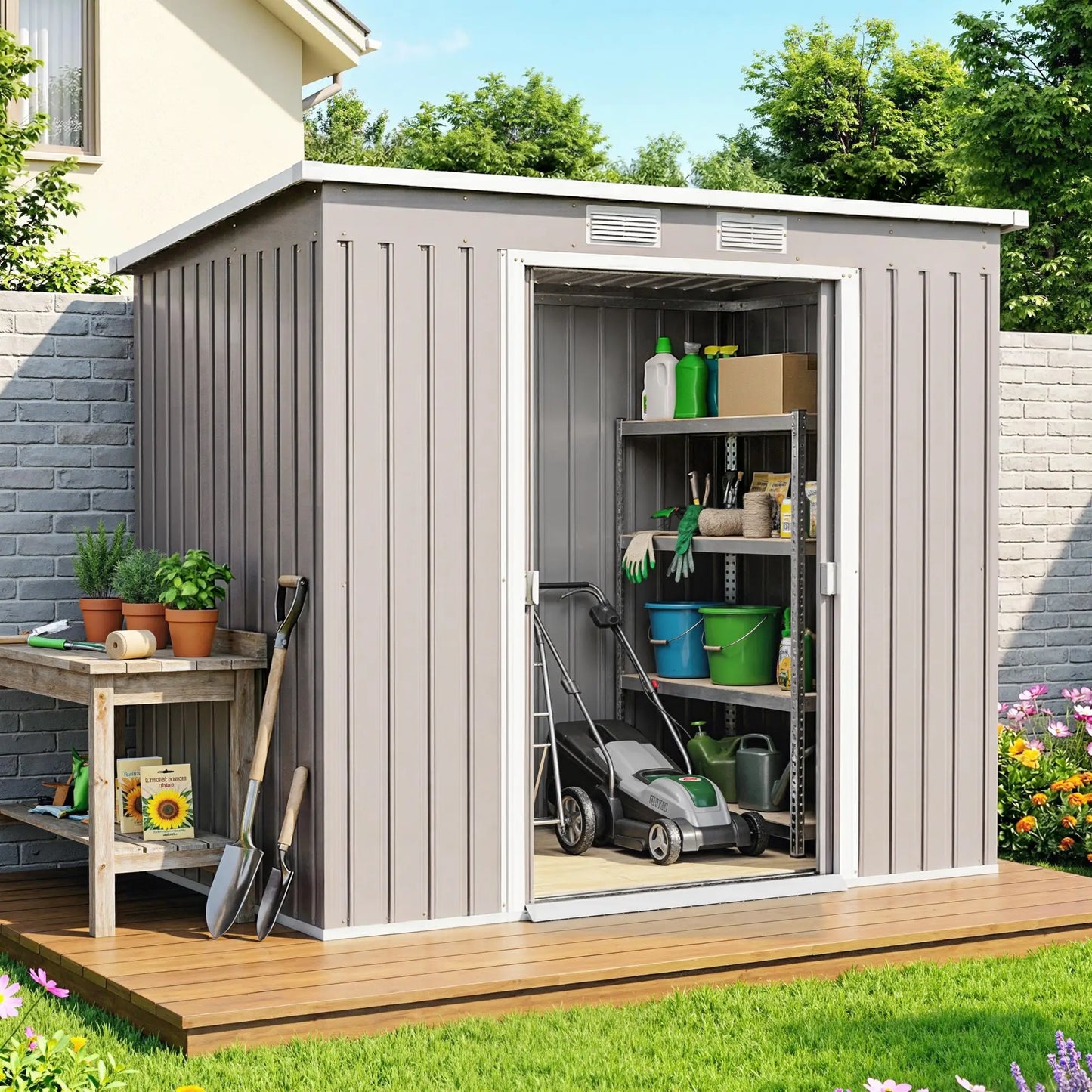 7' x 4' Galvanized Steel Garden Shed, Foundation Kit, Grey Sheds at Gallery Canada
