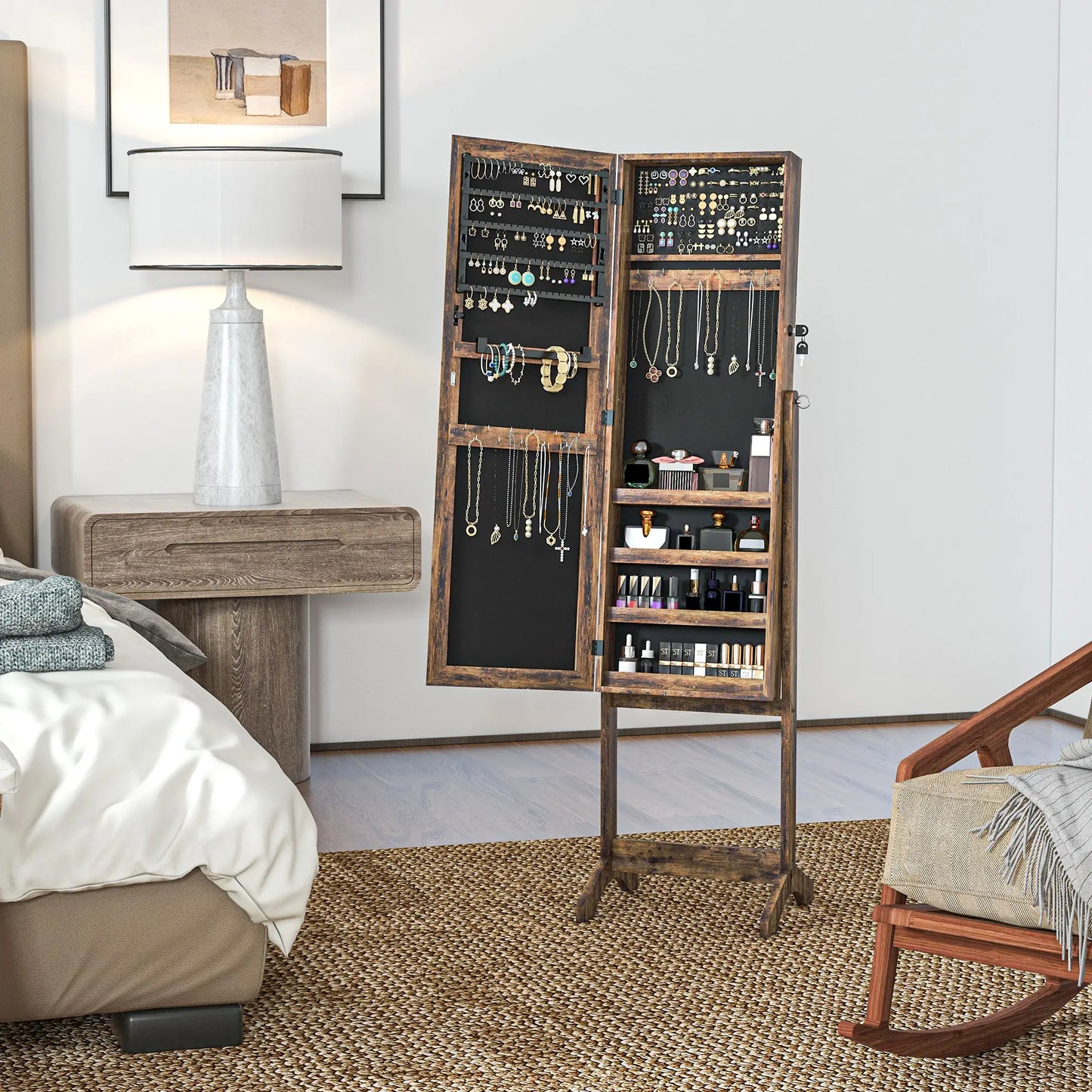 Lockable Mirror Jewelry Cabinet, Full-Length, 3 Adjustable Angles, Rustic Brown Jewelry Armoire & Jewellery Mirror Cabinets at Gallery Canada