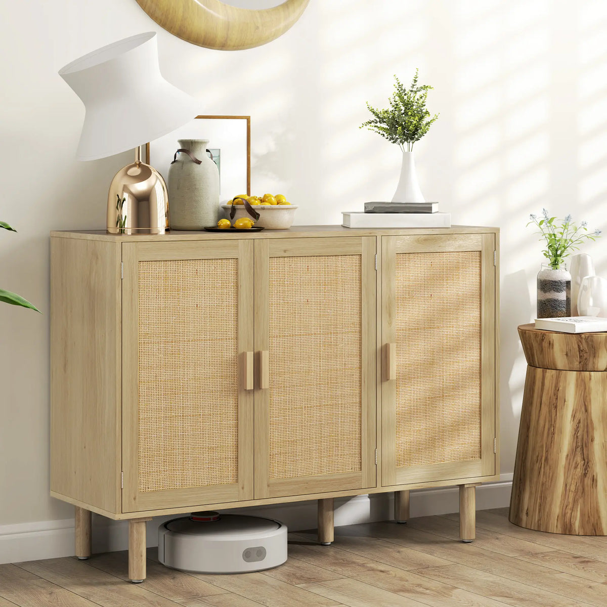 Bohemian Sideboard, 46.9" Buffet Cabinet, 3 Rattan Doors, Shelves, Oak Storage Cabinets at Gallery Canada